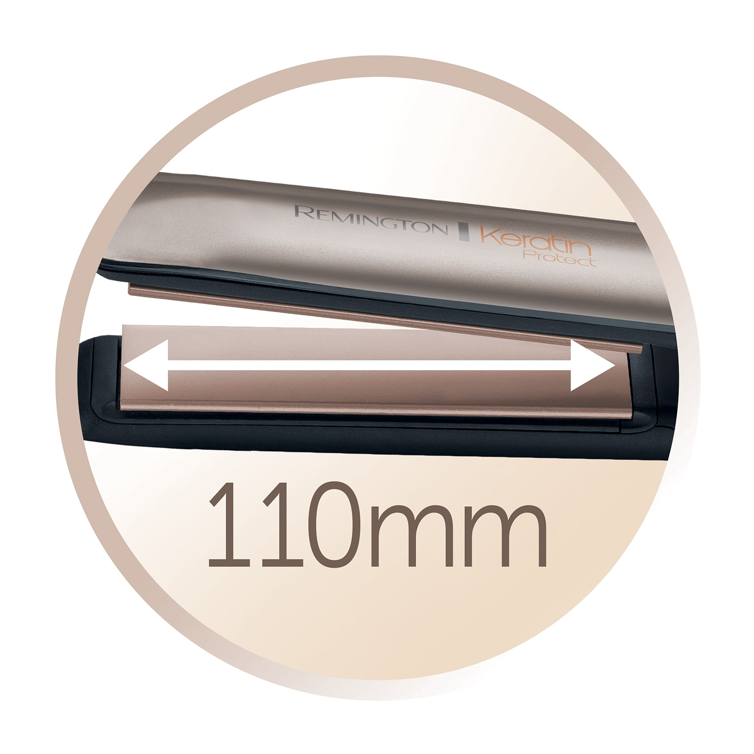 Primo piano di una piastra per capelli con una misura di 110 mm.