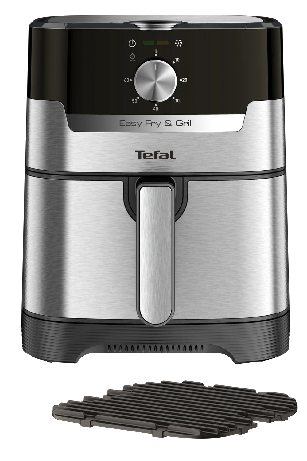 Ezüst-fekete Tefal Easy Fry & Grill sütő grillező tányérral, fekete háttéren.