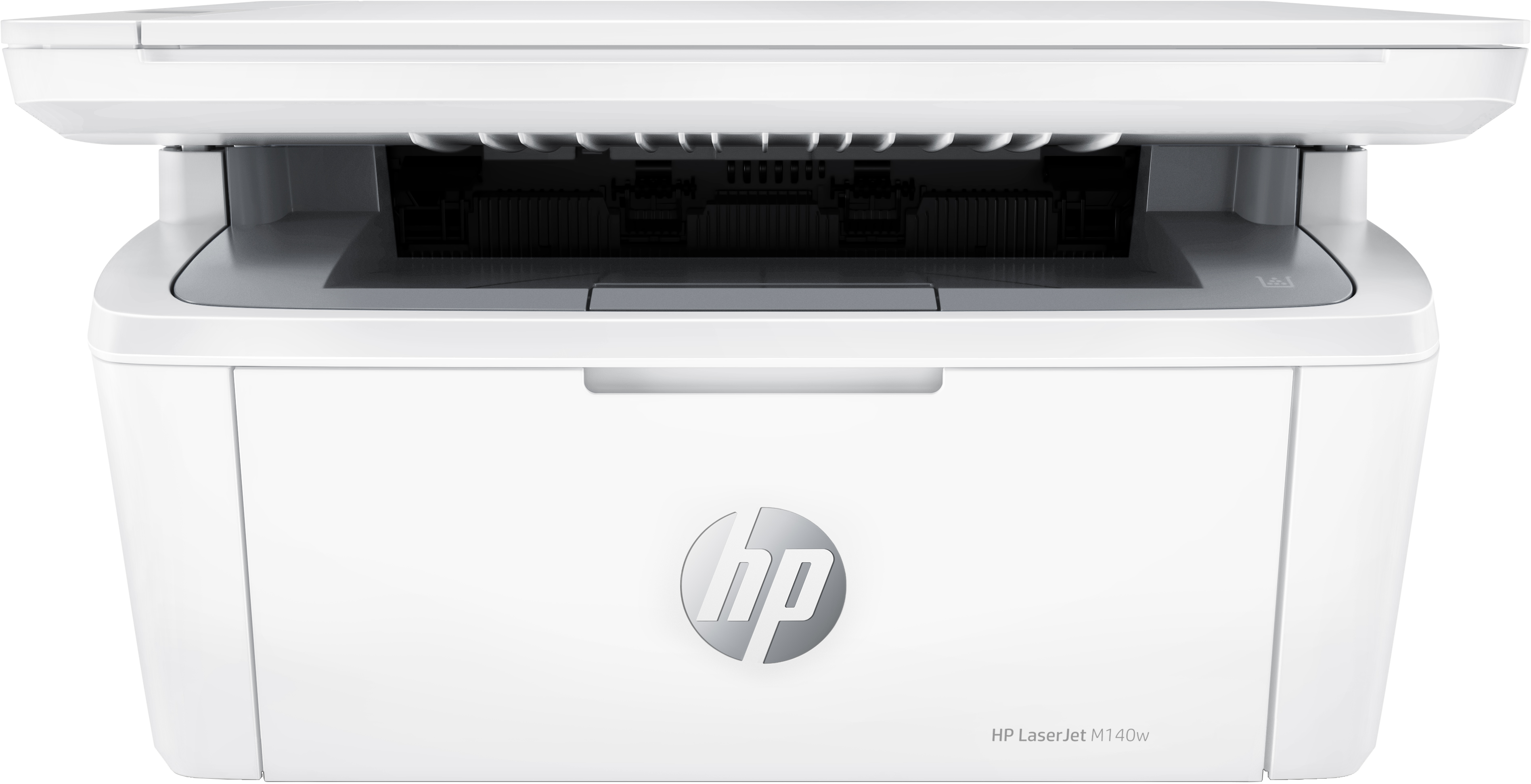 Weißer HP Laserjet M140w Drucker, Vorderansicht, oben offen.