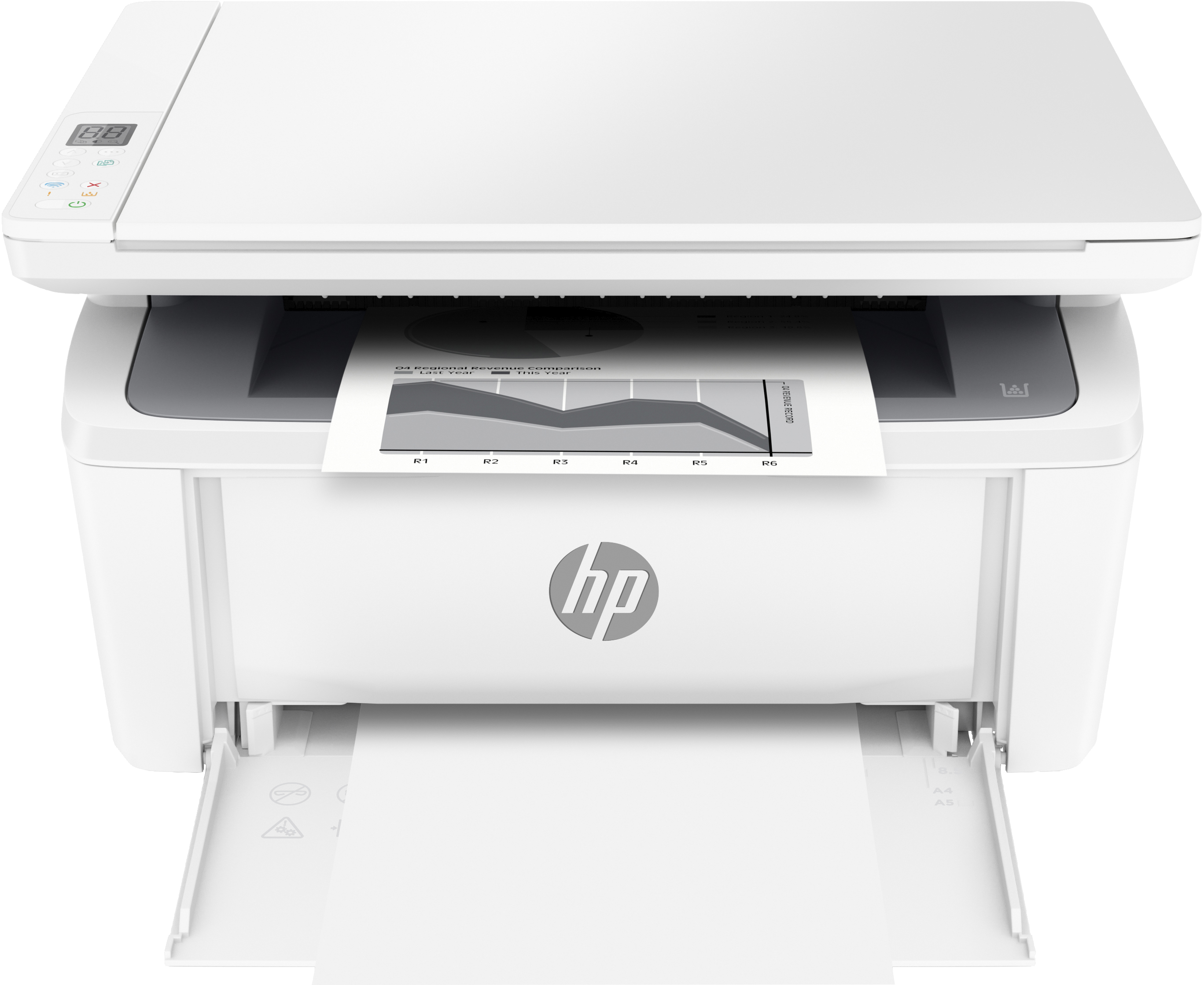 Ein weißer Drucker druckt ein Diagramm. Das Papierfach ist geöffnet, zeigt ein gedrucktes Diagramm.