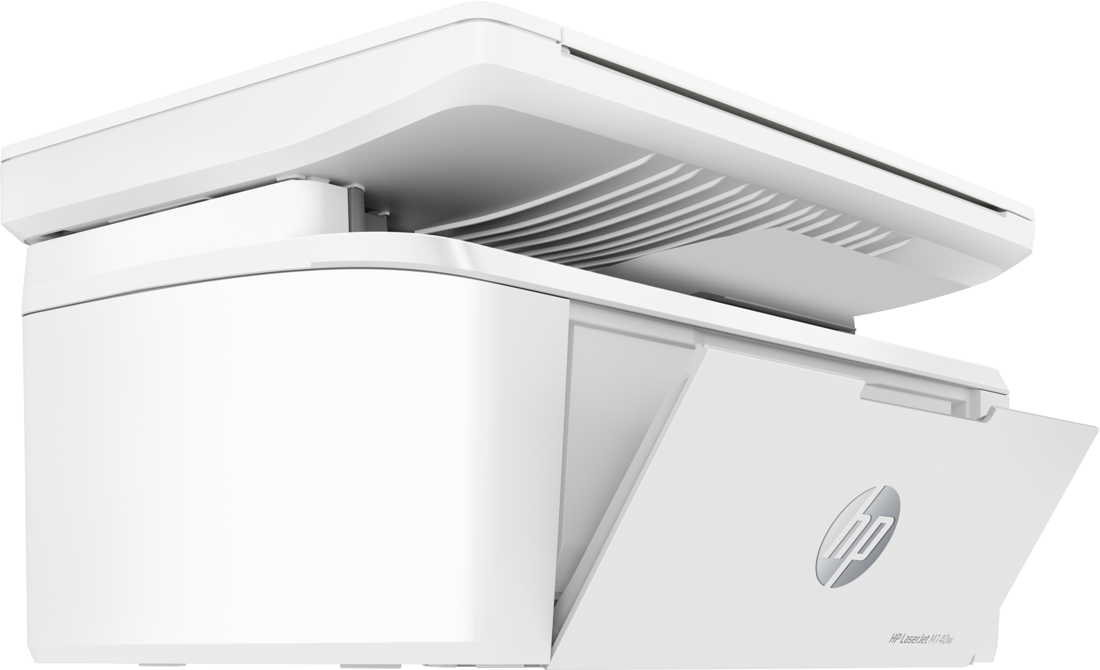 Weißer Drucker mit offenem Fach und geöffnetem Deckel. Das HP-Logo ist sichtbar.
