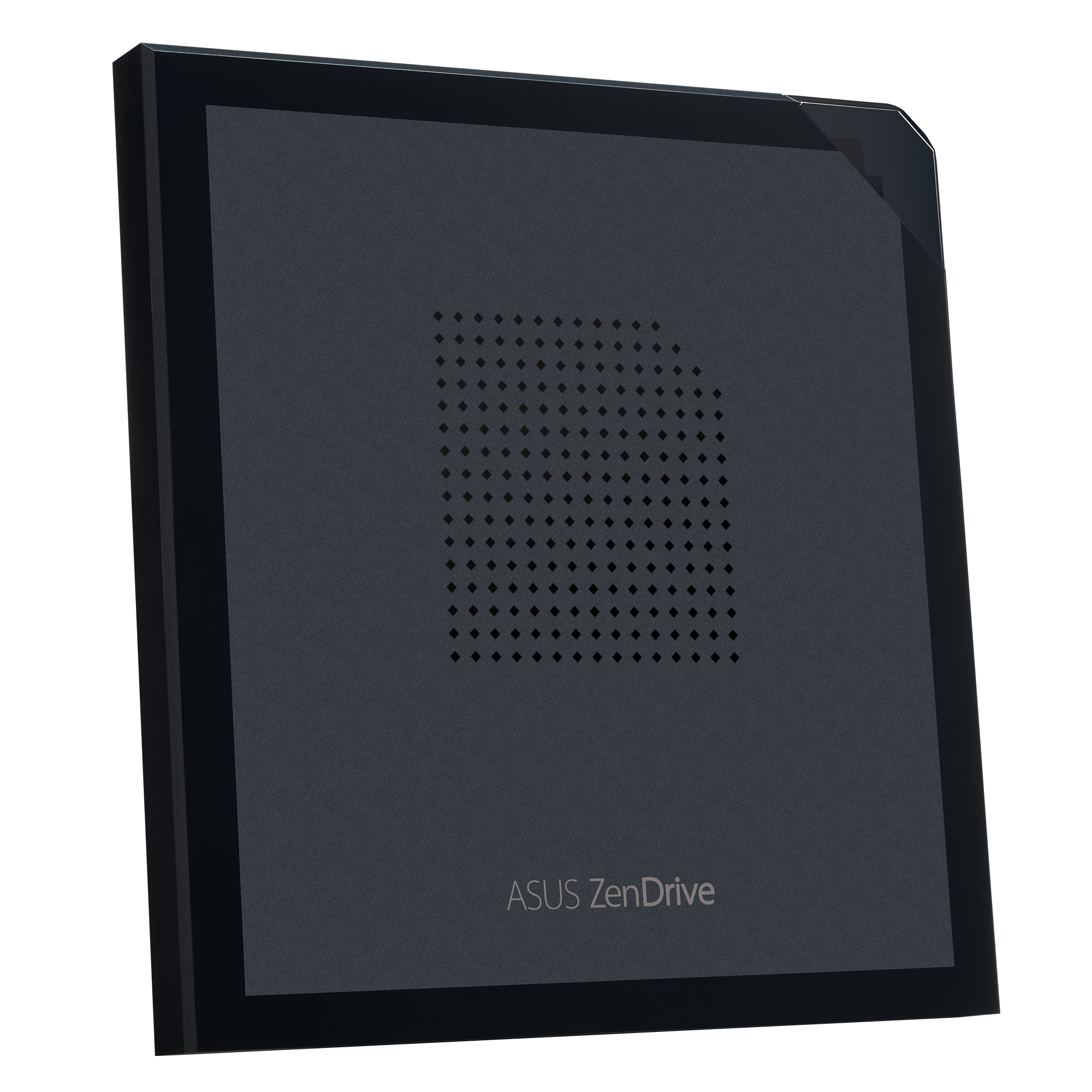 Ein schwarzes externes ASUS ZenDrive-Laufwerk. Es hat eine quadratische Form mit einem perforierten Muster.