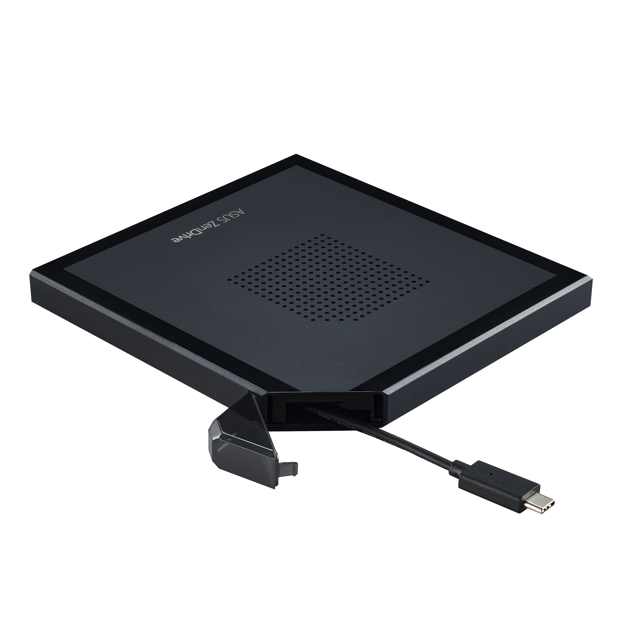 Schwarzes ASUS ZenDrive. Es ist quadratisch, mit einem USB-C-Kabel und geöffneter Abdeckung.