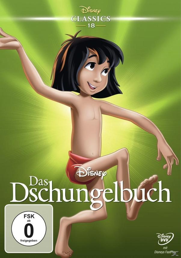 Das Dschungelbuch DVD-Cover. Mogli in roten Shorts. Grüner Hintergrund mit Text.