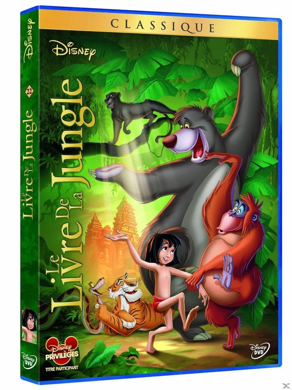 Couverture DVD du film Disney, Le Livre de la Jungle, avec des personnages de dessins animés et le titre.