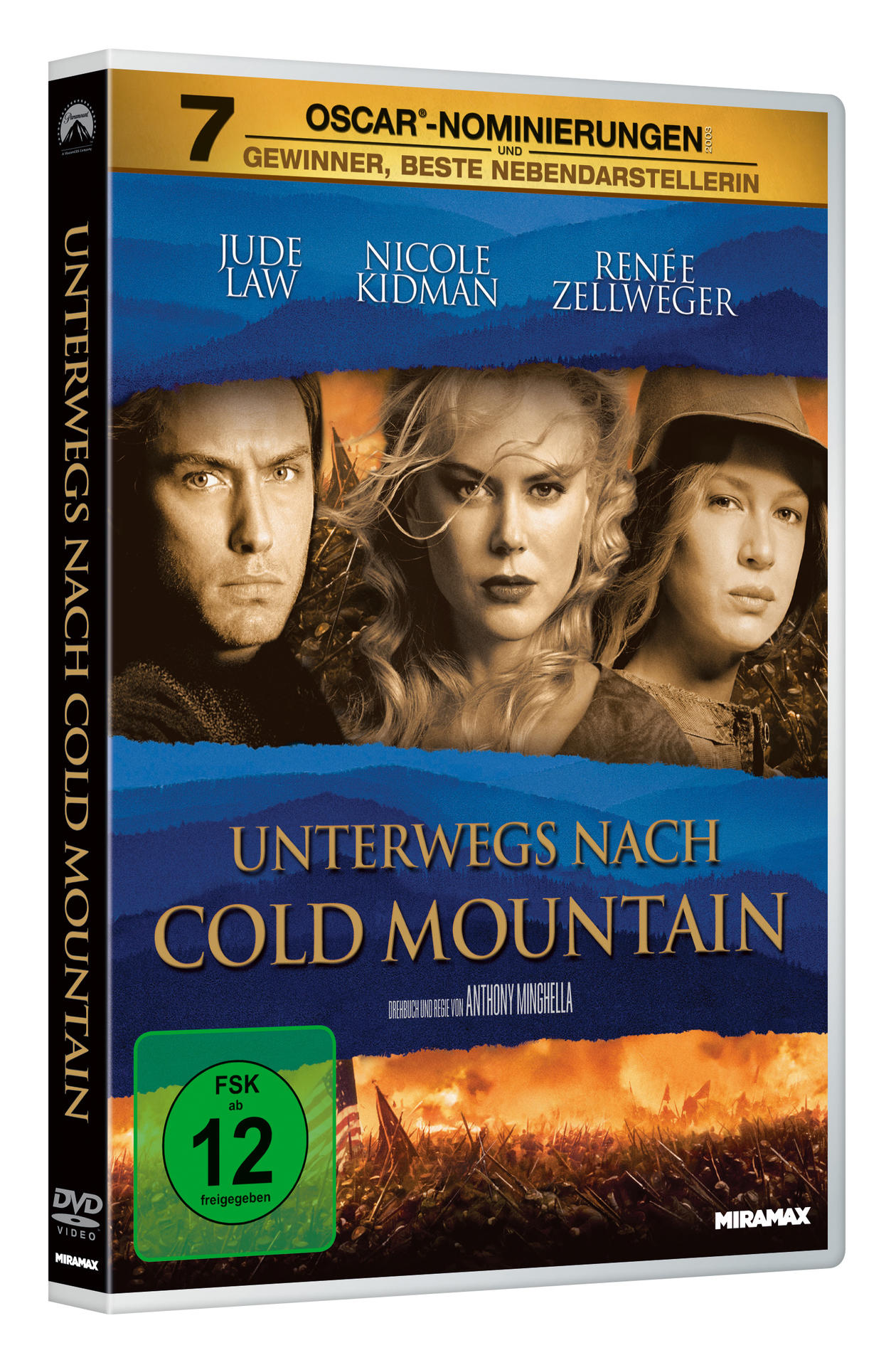 DVD-Hülle für den Film 'Cold Mountain'. Das Cover zeigt Jude Law, Nicole Kidman und Renée Zellweger.