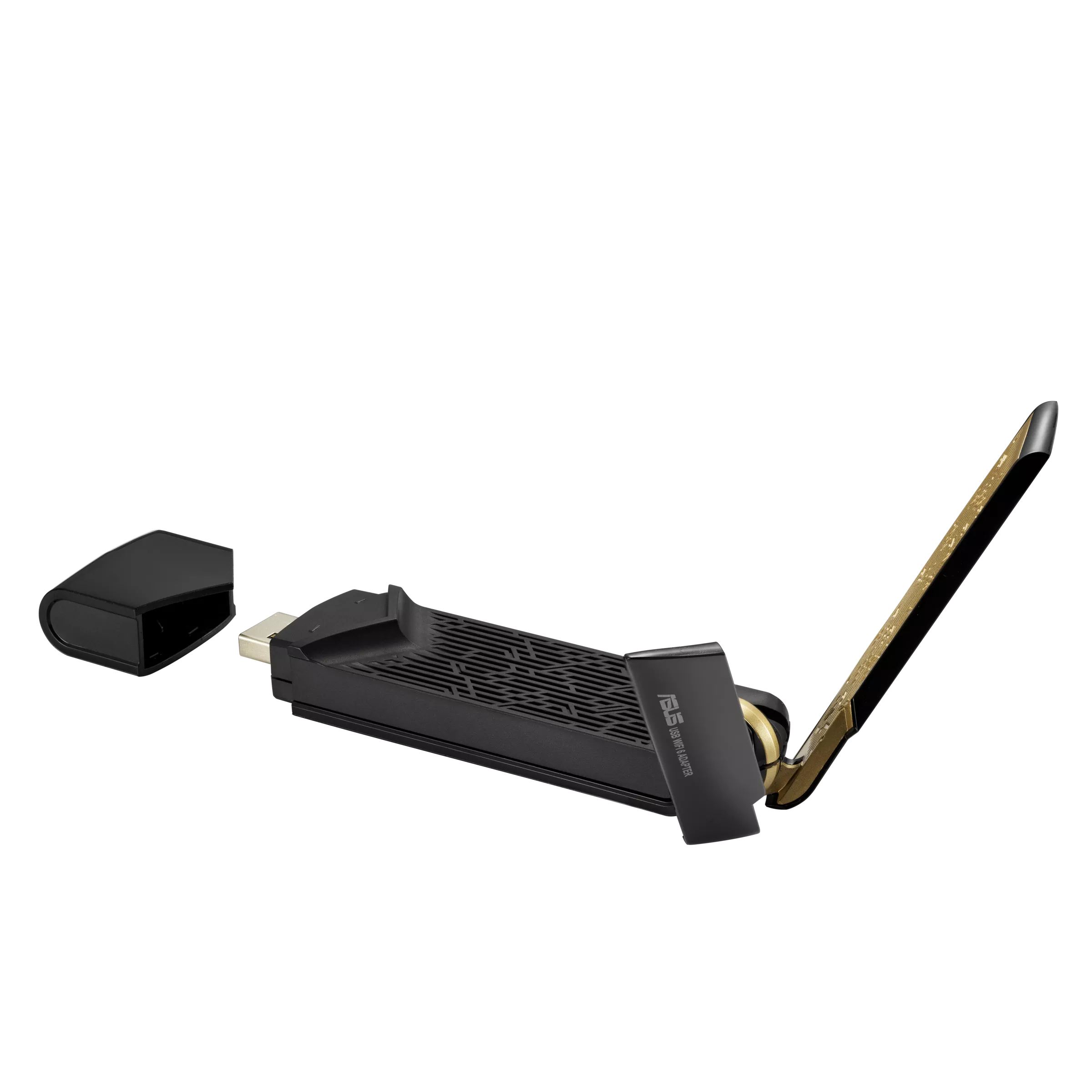 Schwarzer WLAN-Adapter mit ausklappbarer Antenne. Schwarze Kappe links. Weißer Hintergrund.