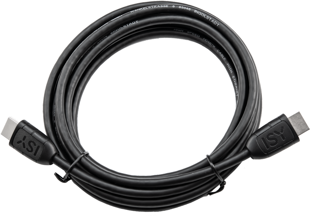 Zwarte HDMI-kabel opgerold. De kabel heeft connectoren aan beide uiteinden, met tekst.