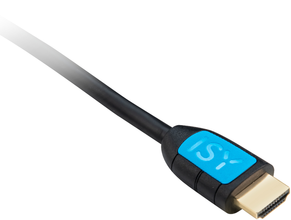 An HDMI cable with an ISI logo on a blue rectangle, black cable, and a gold HDMI connector.