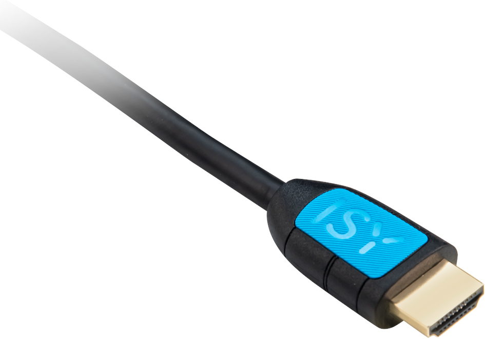 A black HDMI cable with a blue connector. The connector has the ISI logo on it.