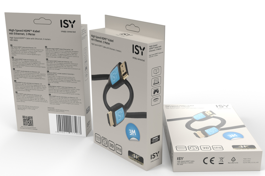 Packaging for a black HDMI cable with a 3-meter length, showing the cable and its features.