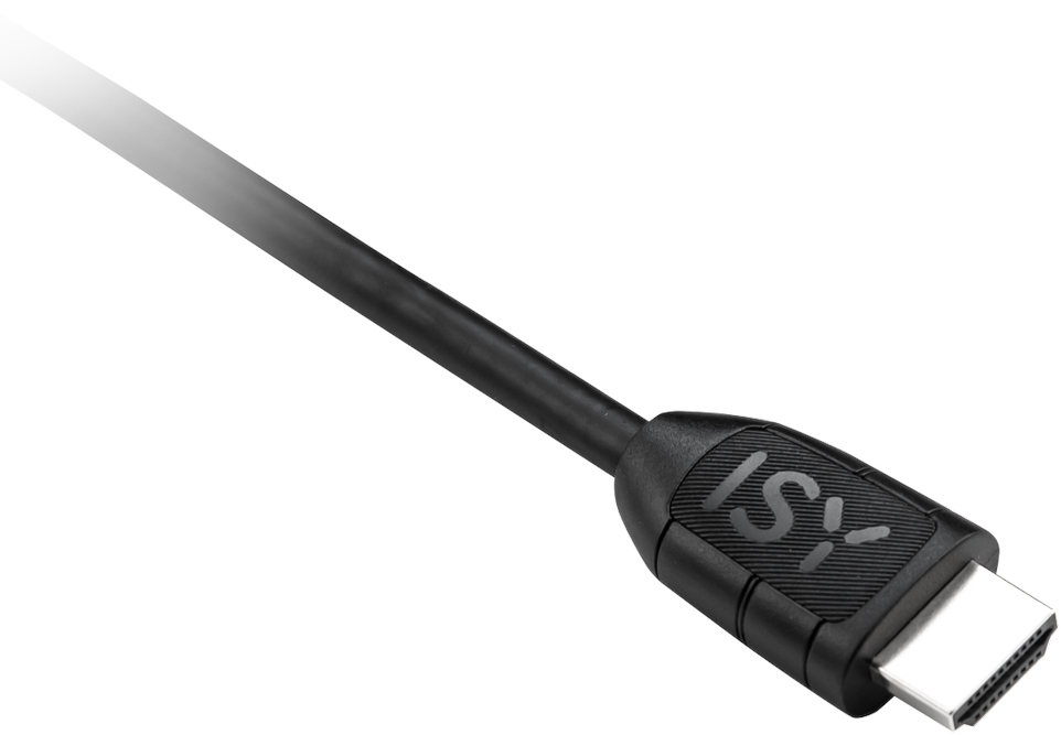 Zwarte HDMI-kabel met een zwarte connector. De connector heeft 'ISY' erop gedrukt.