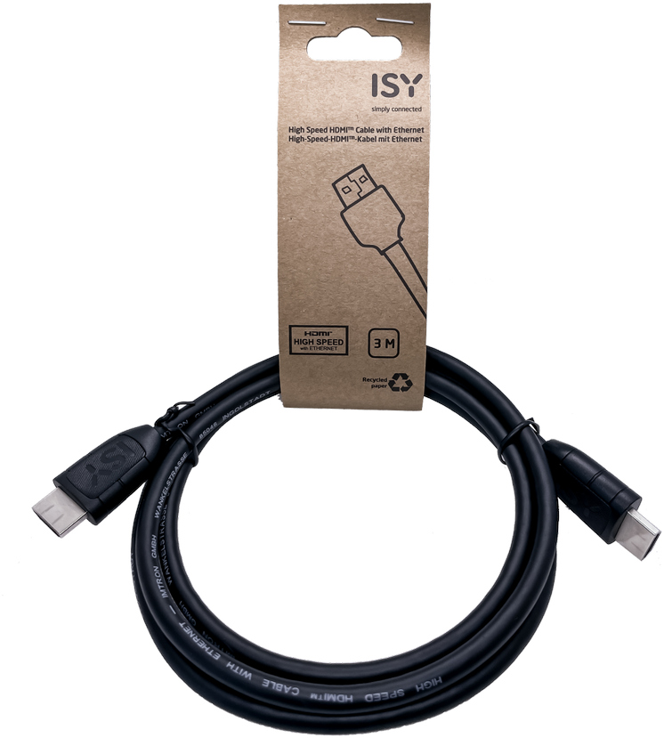 Zwarte HDMI-kabel. De kabel ligt naast de verpakking, met tekst en een tekening.