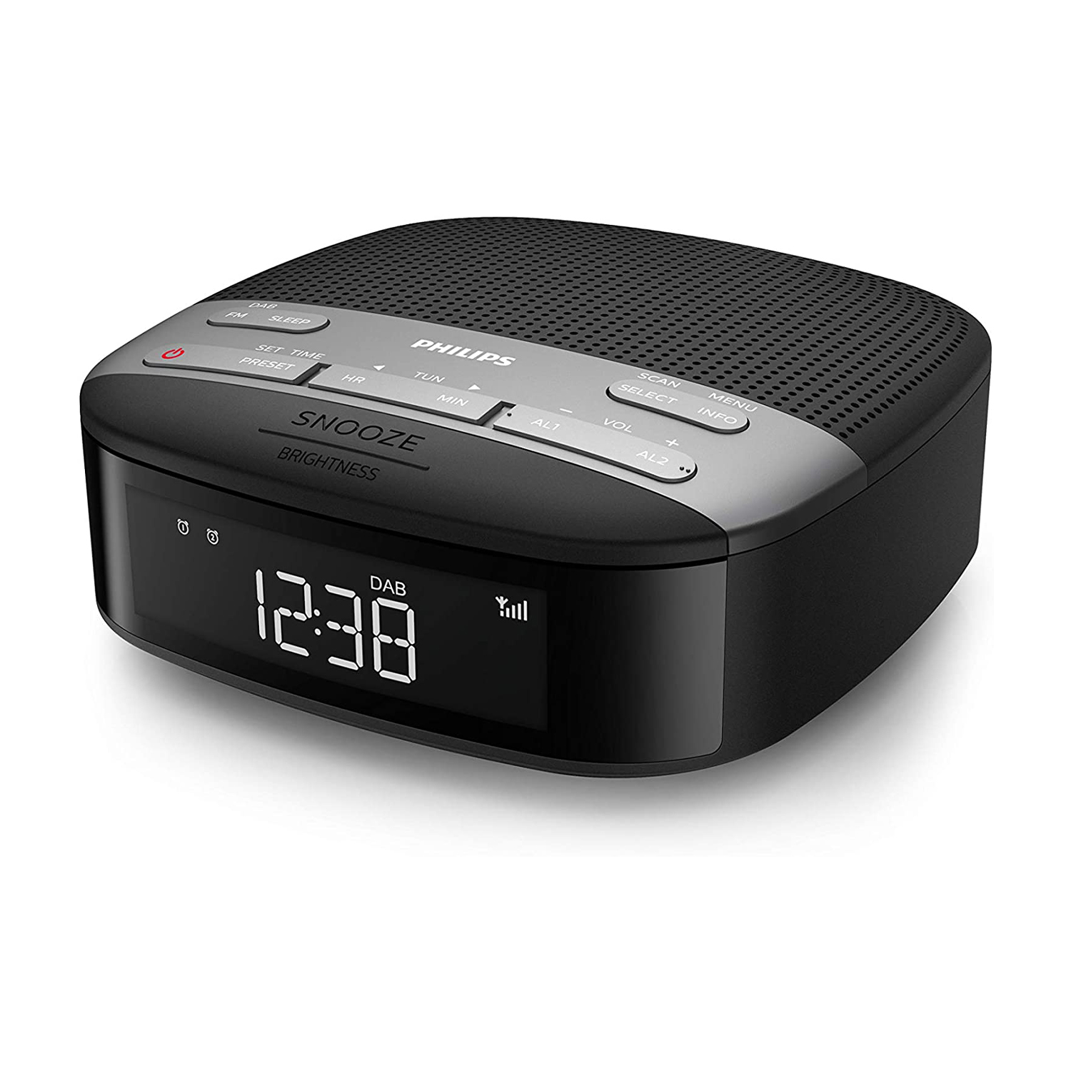 Radiosveglia digitale Philips nera e argento con display che mostra l'ora e i pulsanti.