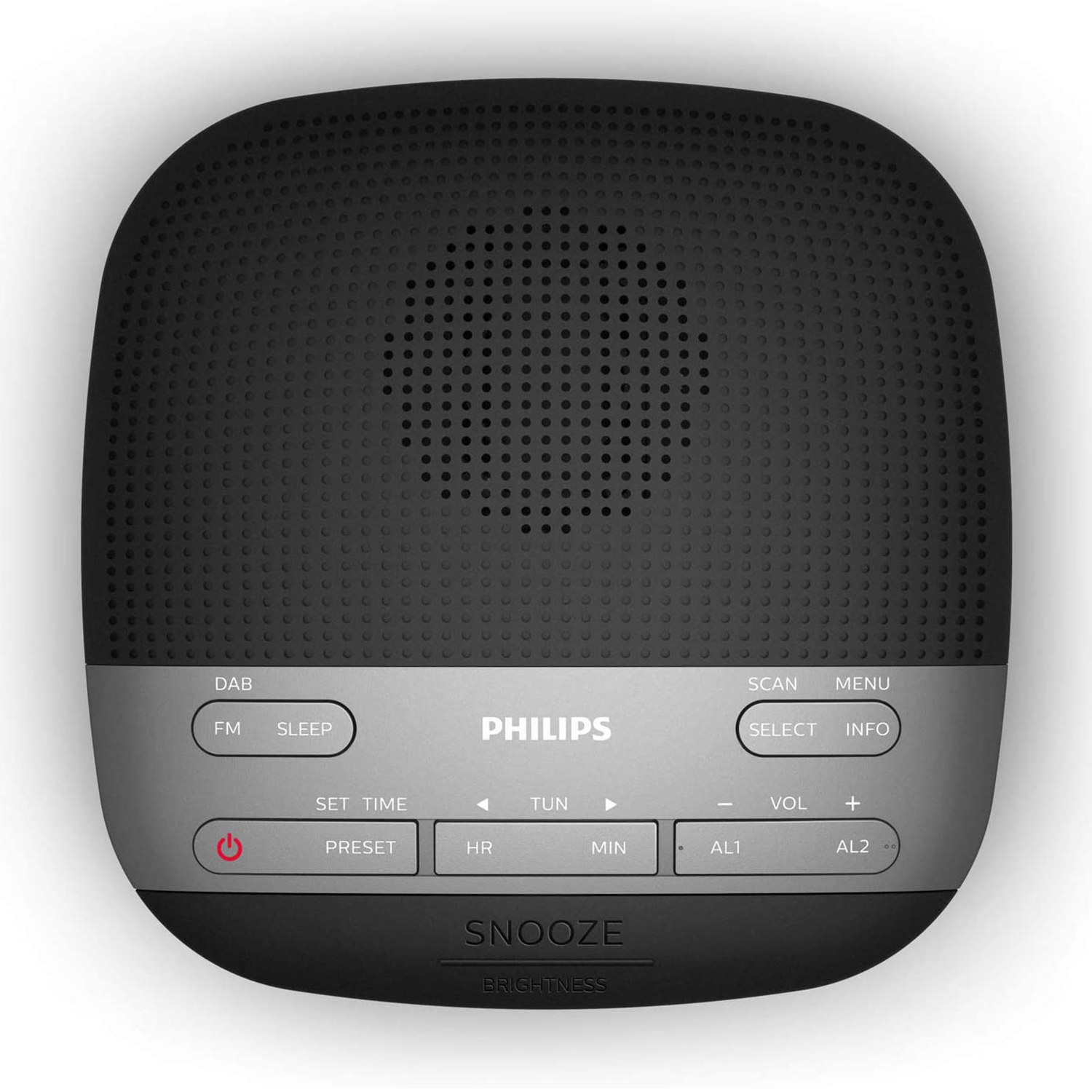 Radio Philips nera e grigia con pulsanti e altoparlante, vista dall'alto.