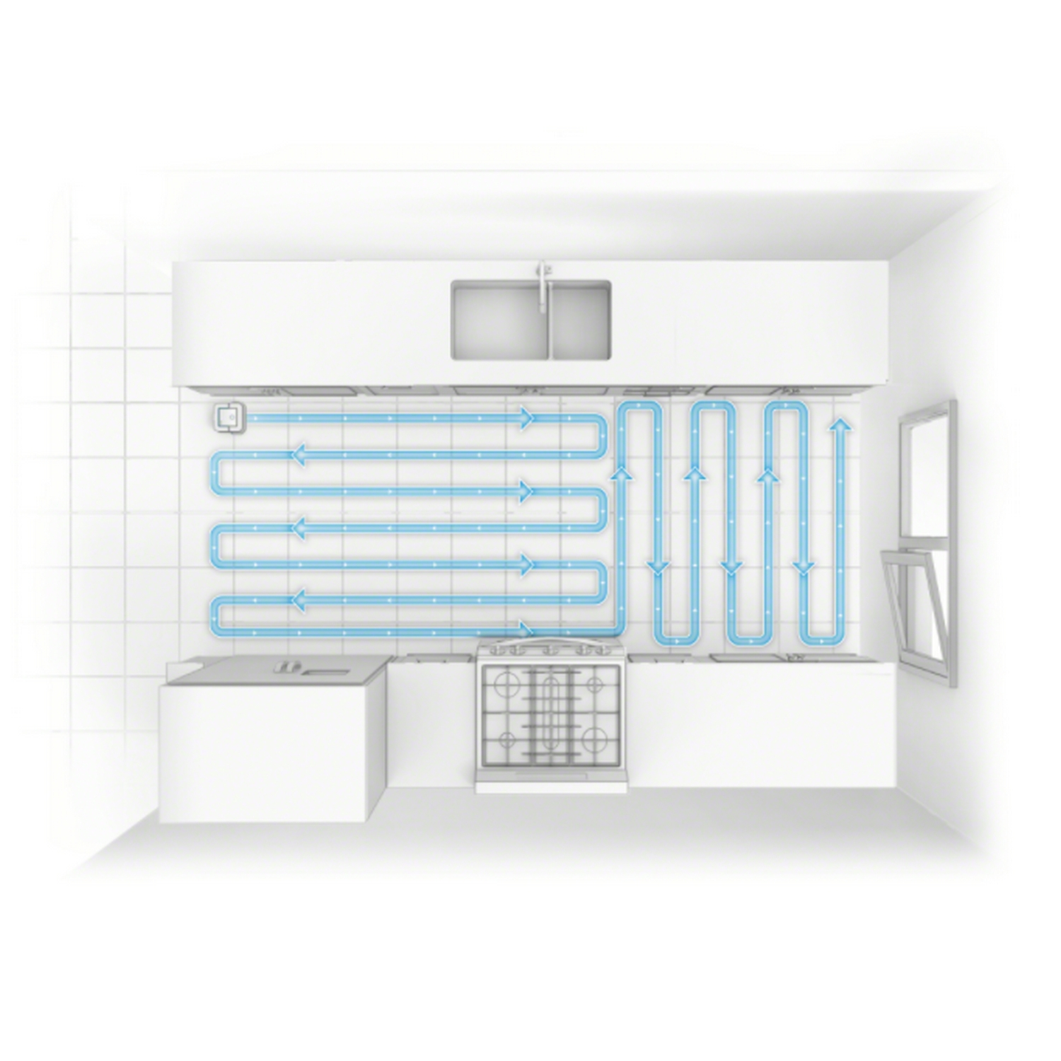 Vista superior de una cocina blanca con contorno de tubería azul.