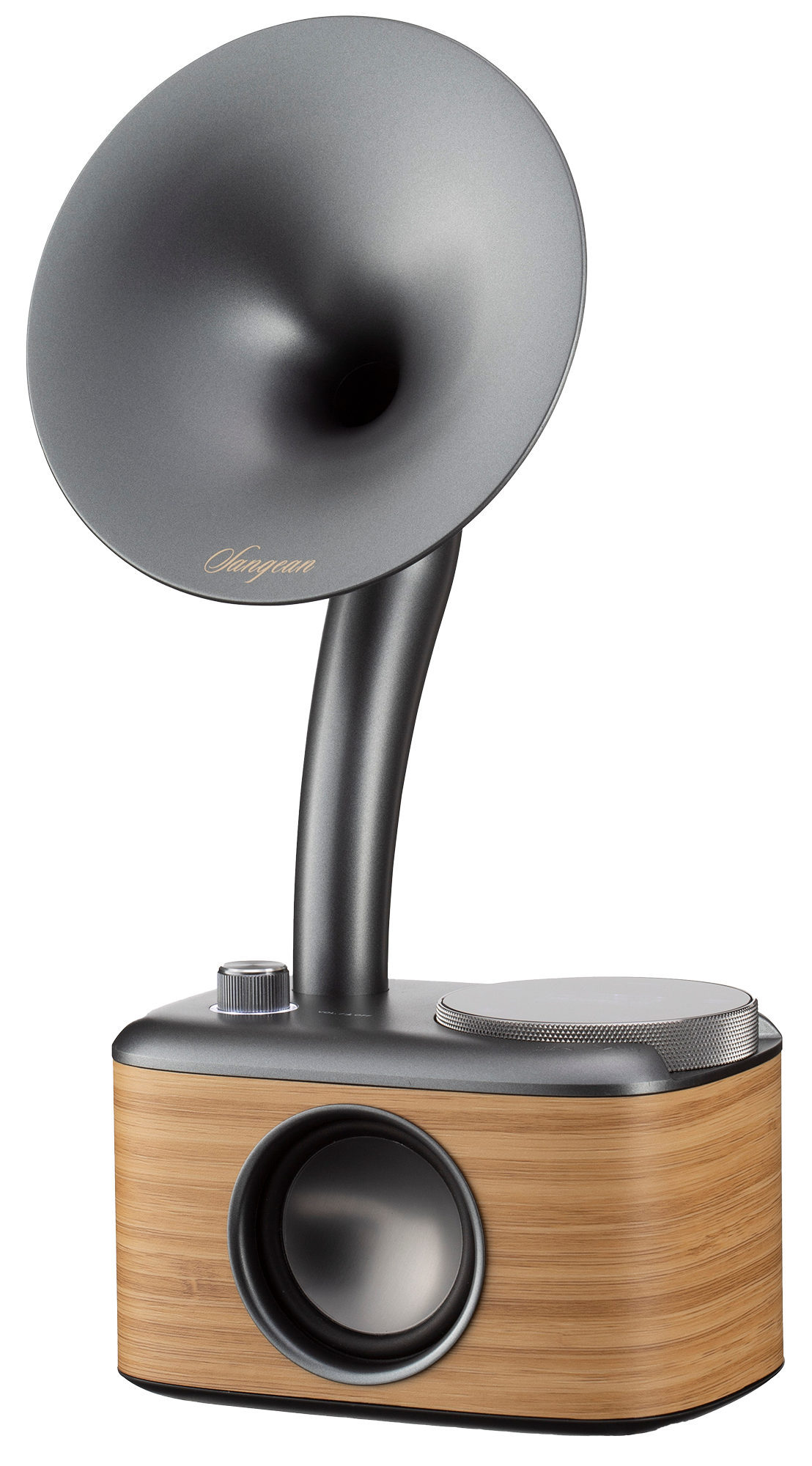 Ein grauer und brauner Lautsprecher, der einem Grammophon ähnelt. Es hat einen trichterförmigen Lautsprecher, einen Holzmaserungssockel und Bedienknöpfe.