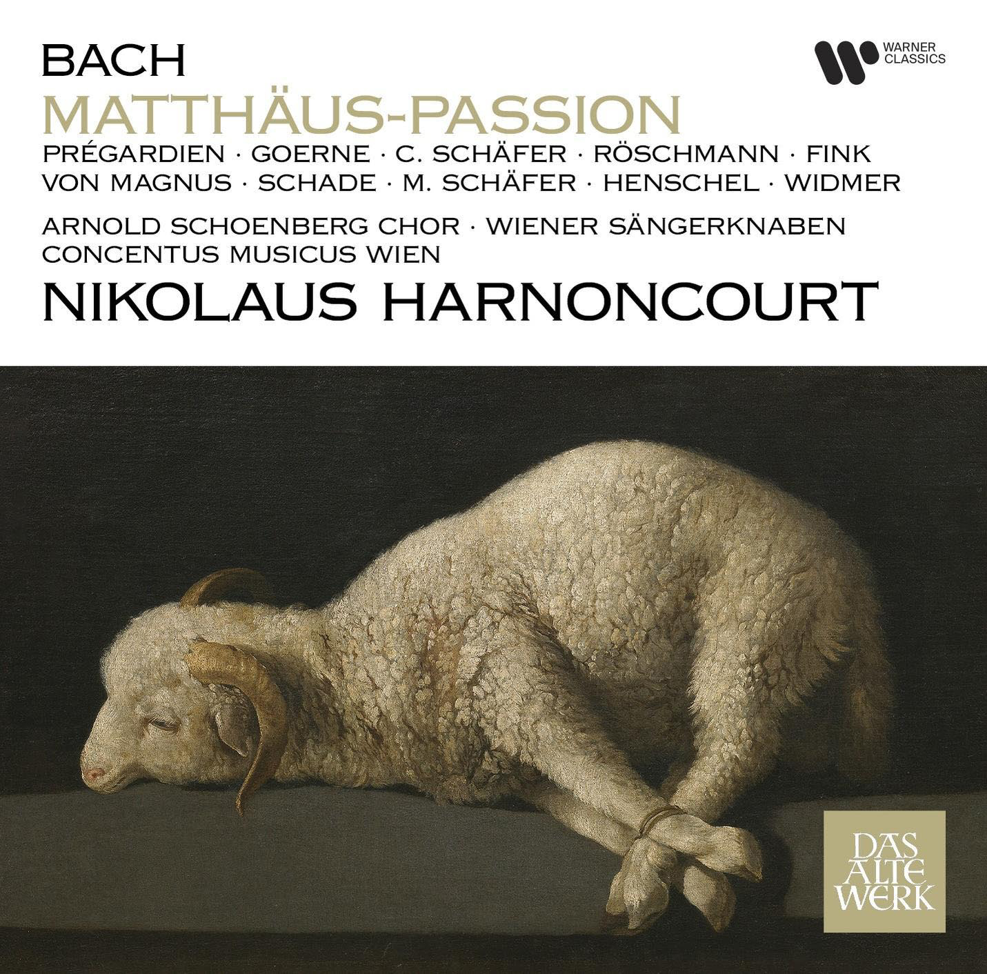 Albumcover: ein liegendes, gefesseltes Lamm auf dunklem Untergrund. Text 'BACH MATTHÄUS-PASSION' und Künstlername.