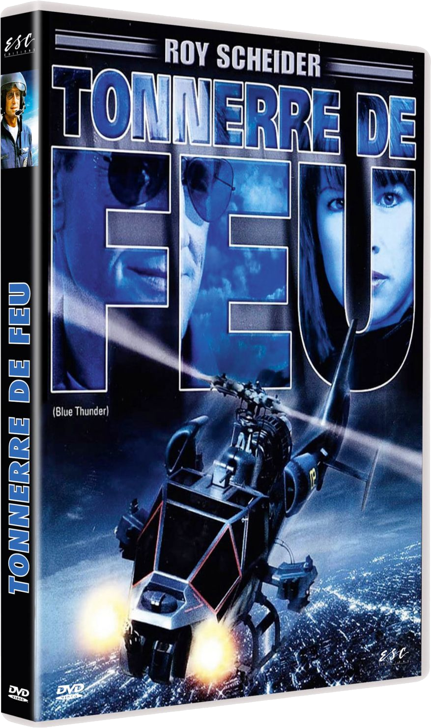 DVD-hoes voor de film 'Tonnerre de Feu' met een helikopter.
