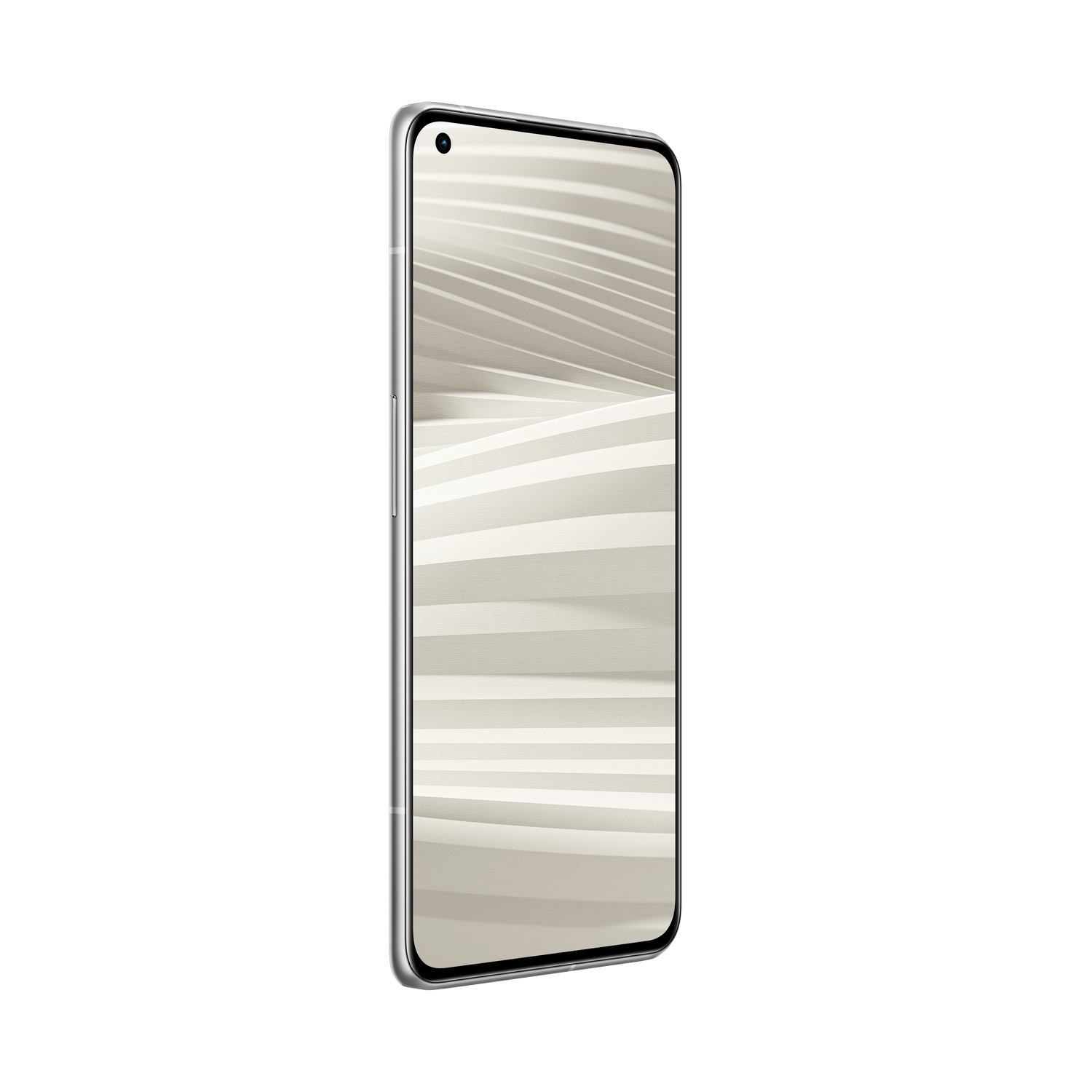Un smartphone plateado con un patrón ondulado de color claro en la pantalla, sobre un fondo negro.