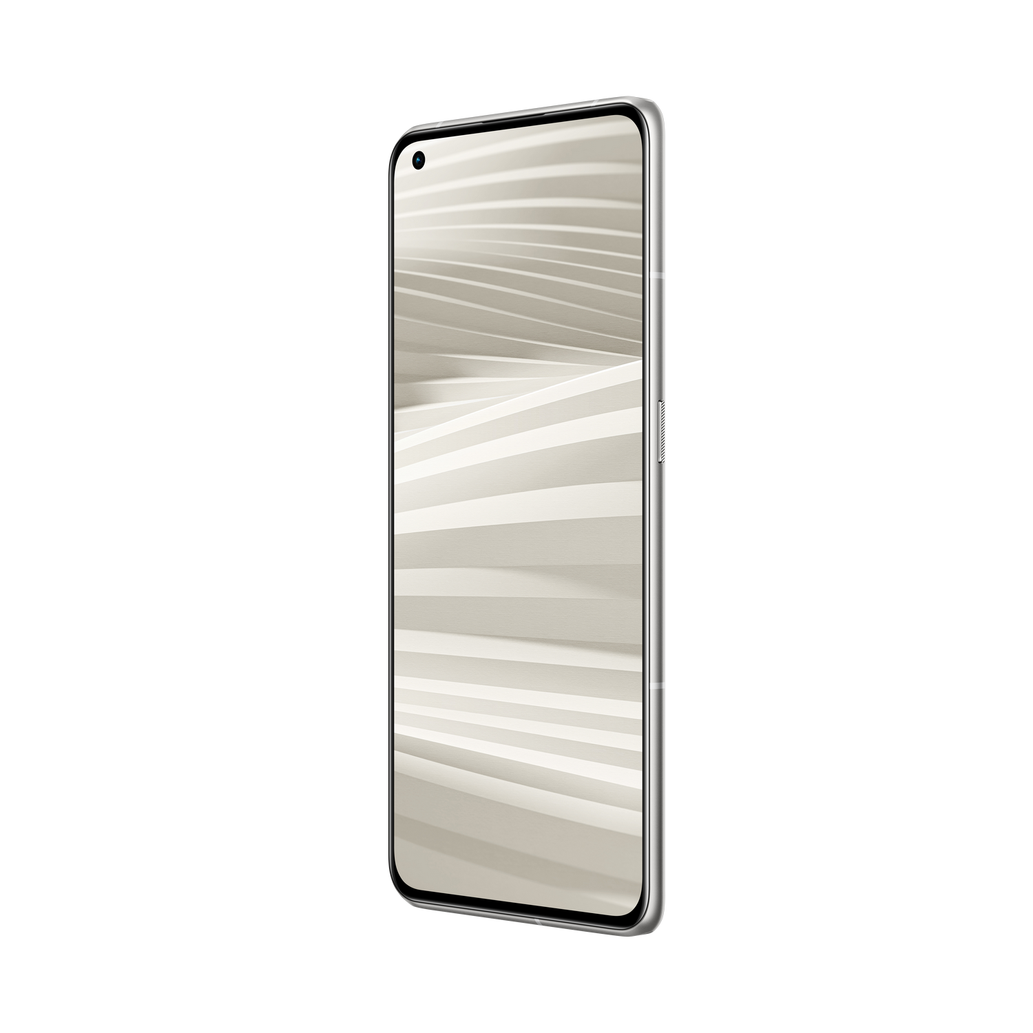 Un smartphone con pantalla blanca estampada sobre un fondo negro.