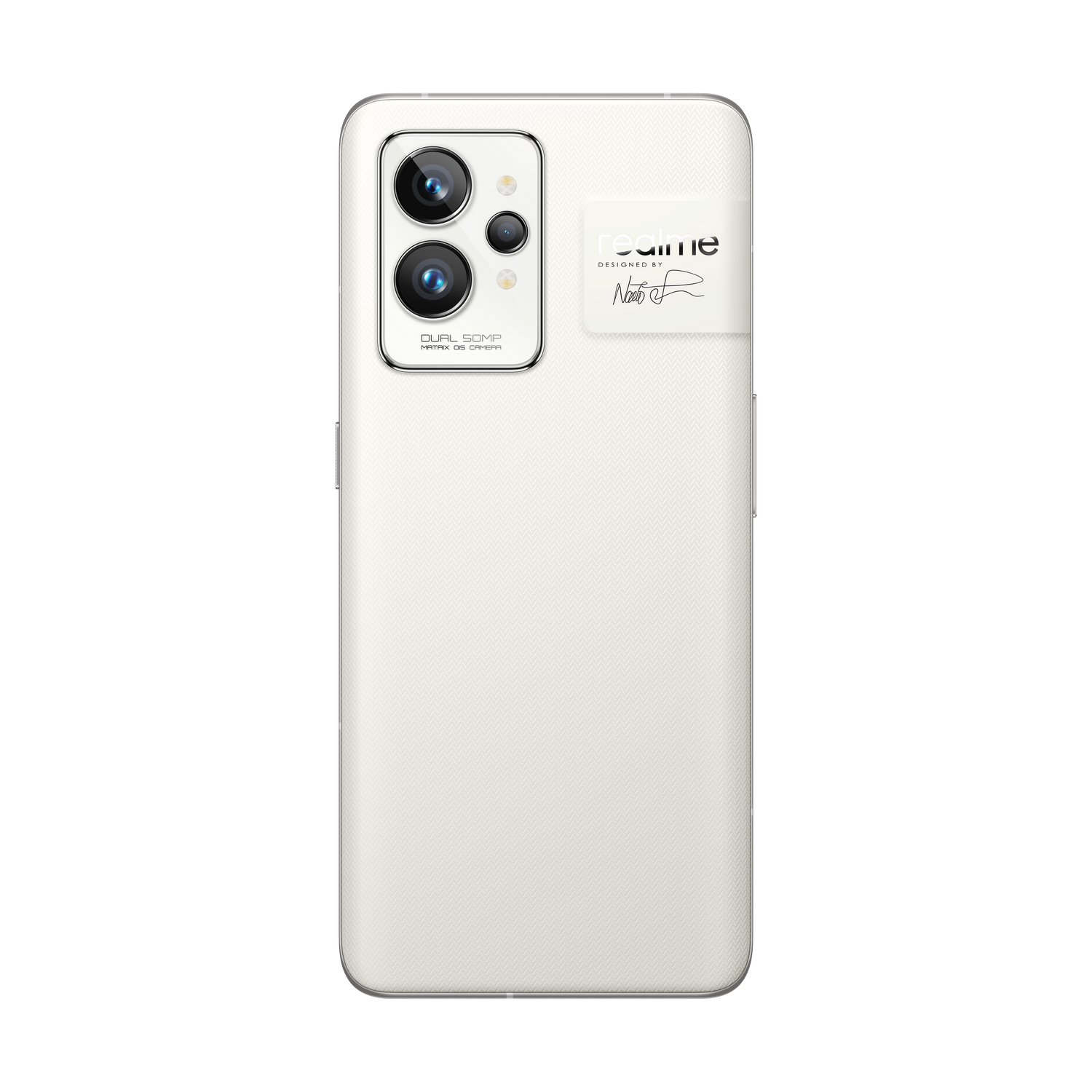 Smartphone blanco con triple cámara y logotipo de Realme.