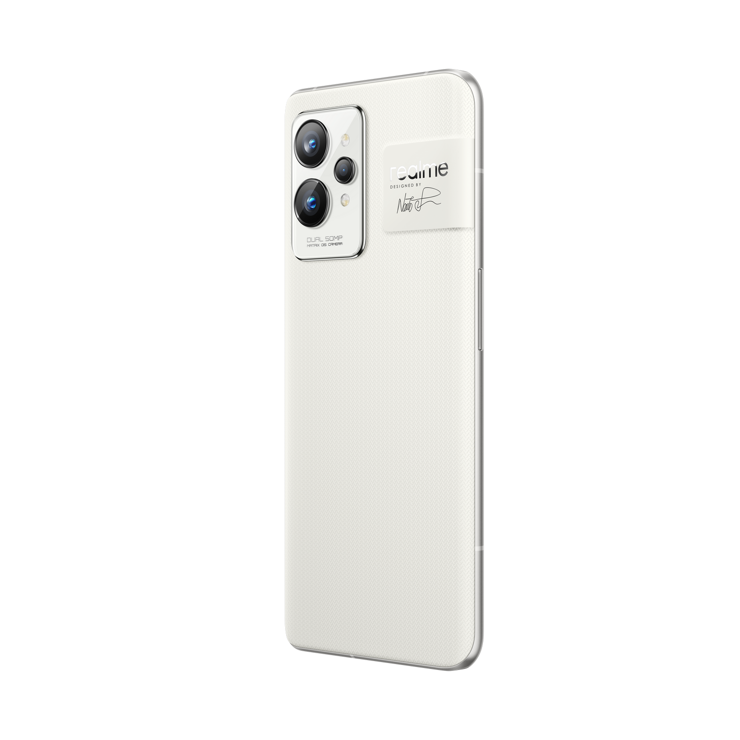 Teléfono color crema, vista trasera, con cámaras duales y marca Realme.
