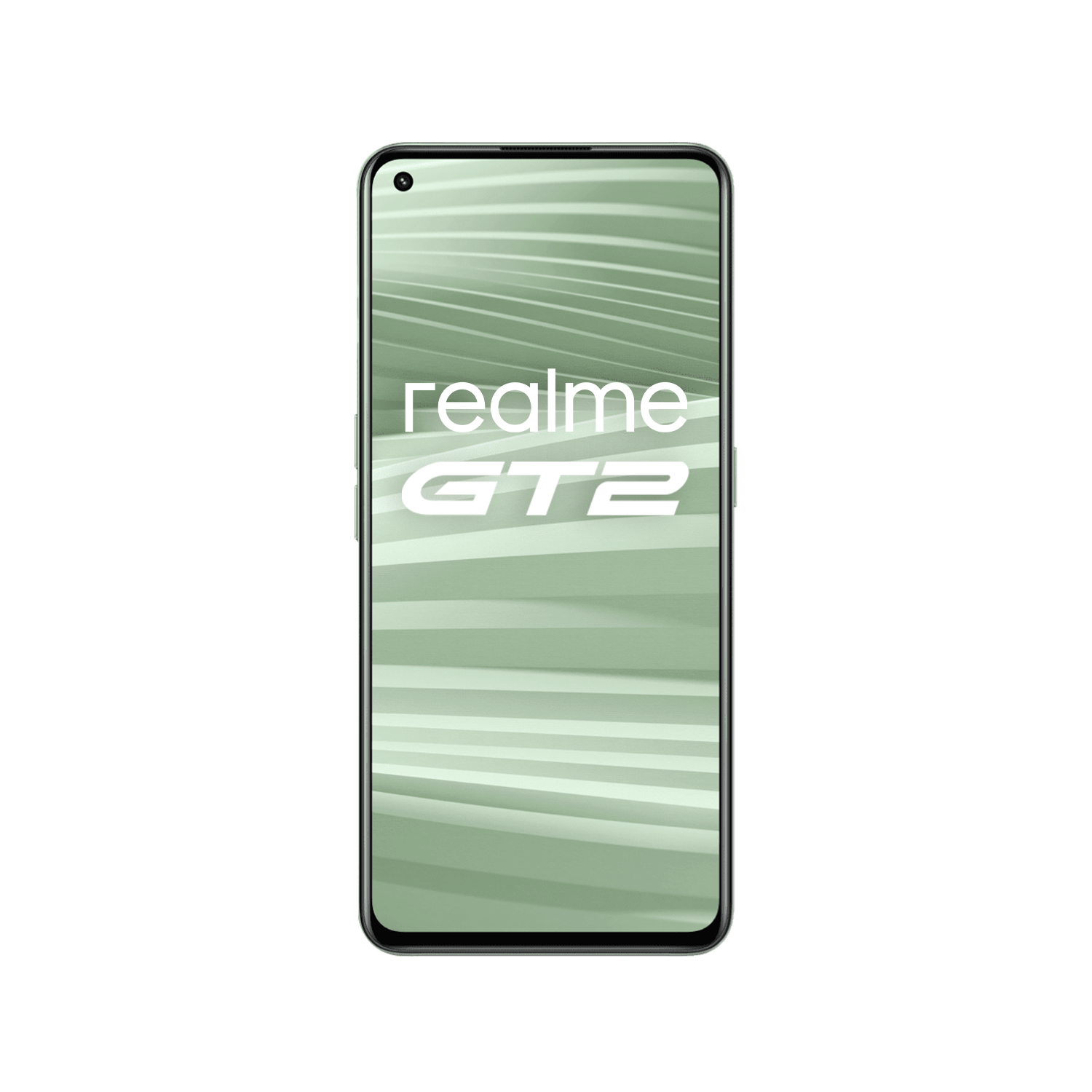 Teléfono Realme GT2, pantalla encendida, mostrando el logotipo de Realme.