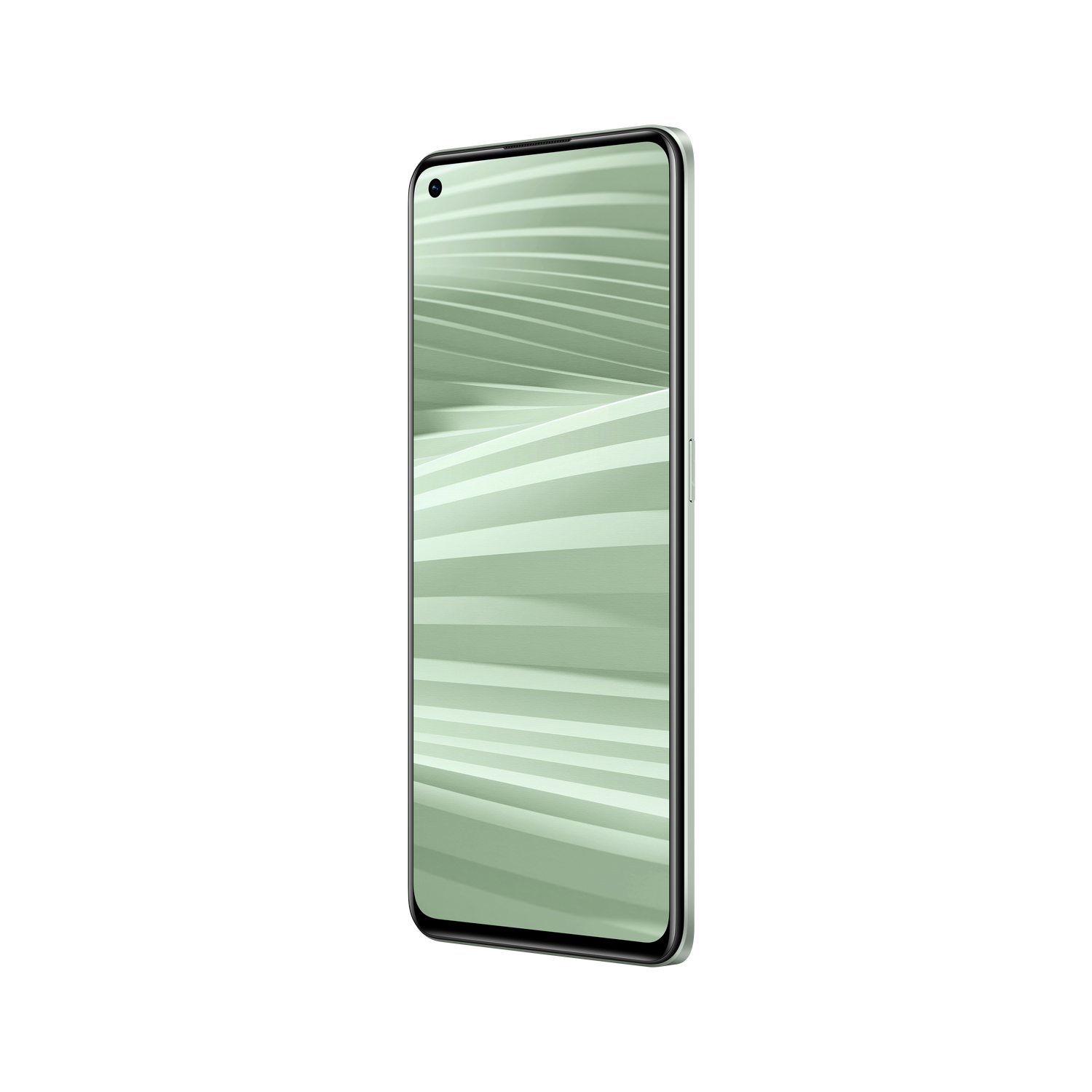 Vista lateral de un smartphone. La pantalla muestra un diseño verde. Fondo negro.