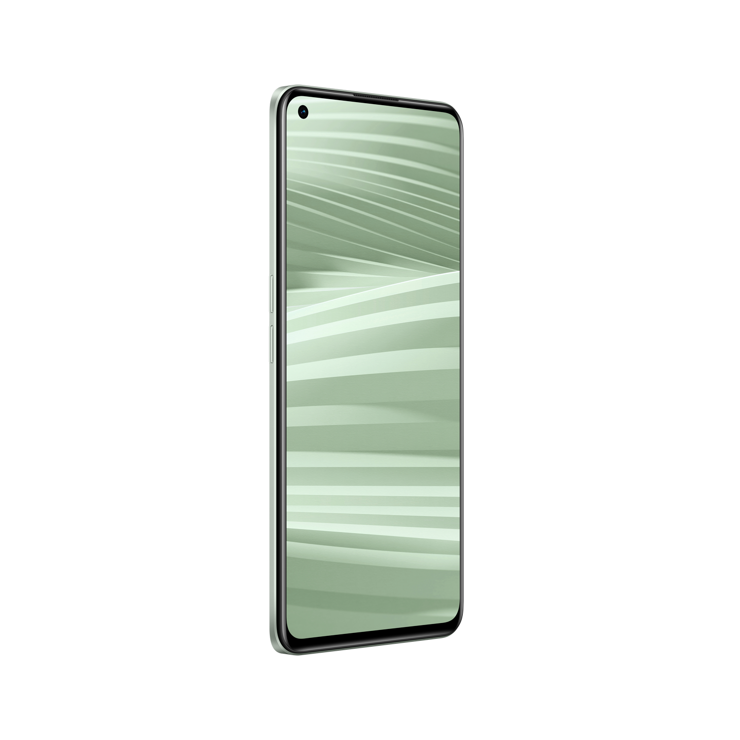 Un smartphone con pantalla verde se muestra en vista 3/4. El fondo es negro.