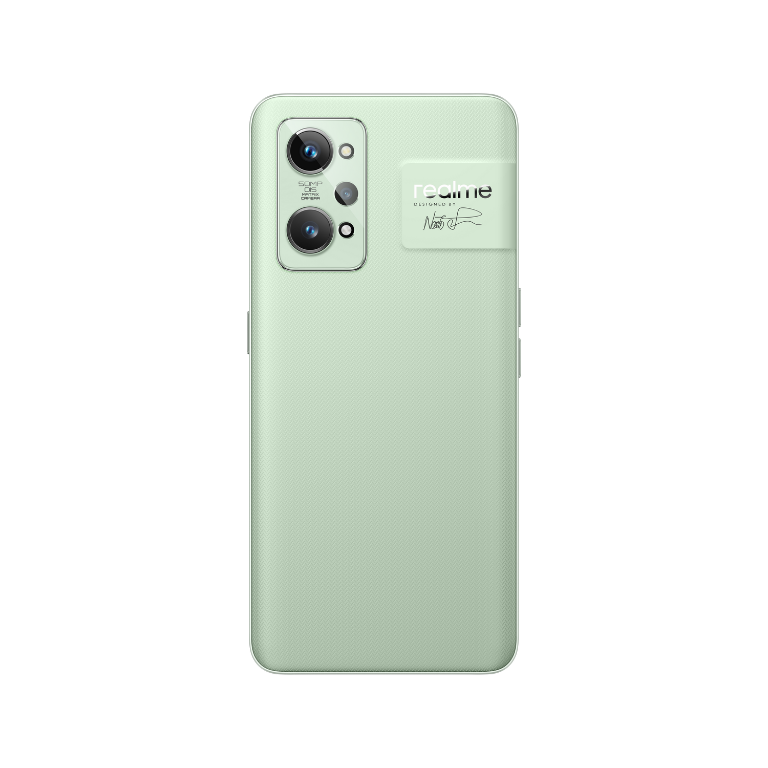Parte trasera de un smartphone verde claro con cámaras duales y logotipo de Realme.