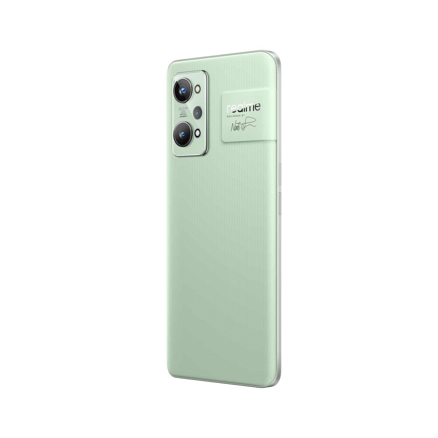 Smartphone verde con dos cámaras y una etiqueta blanca. El teléfono está sobre un fondo negro.