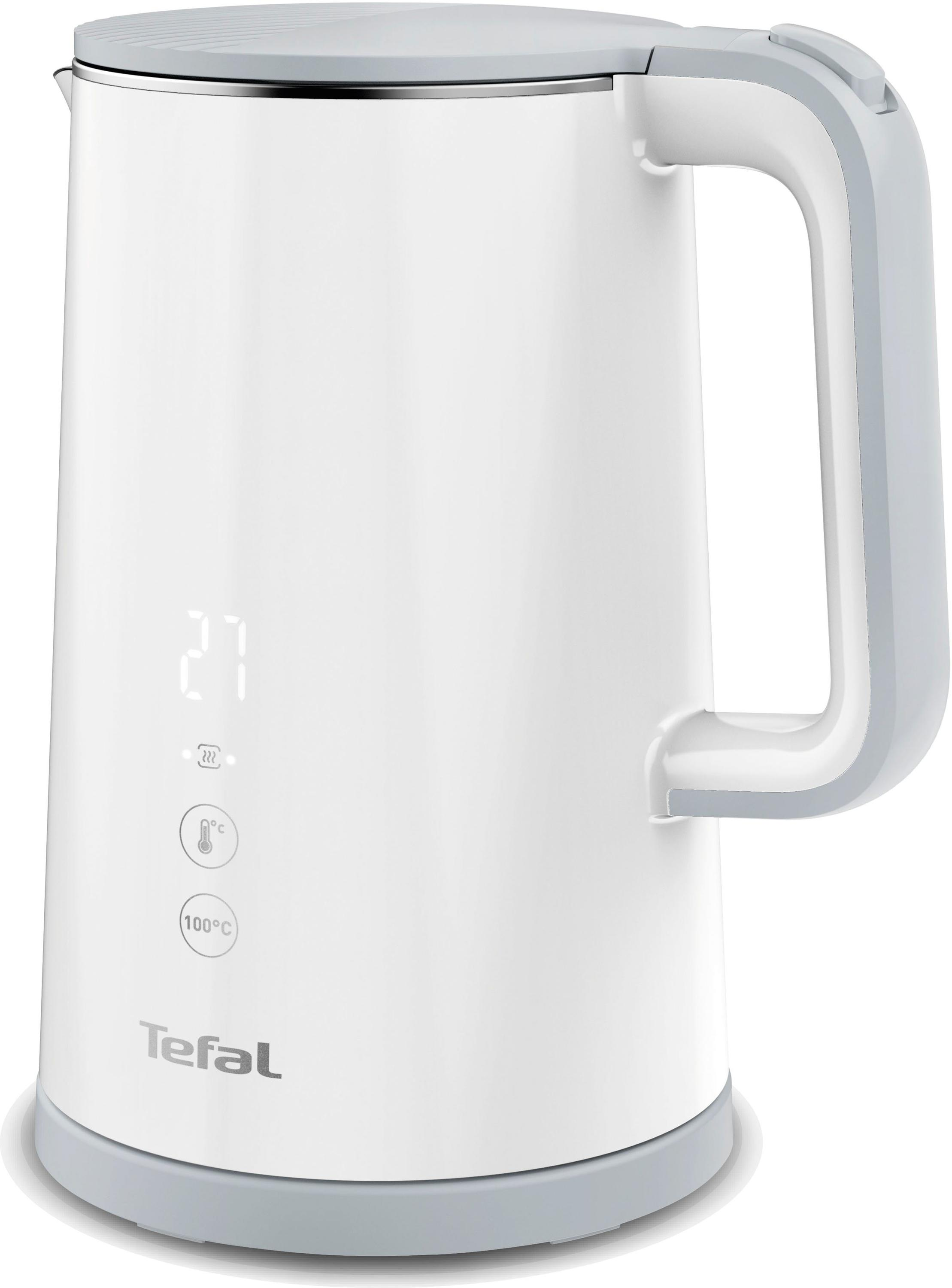 Fehér elektromos vízforraló. Szürke fogantyú és fedél, digitális kijelzővel és Tefal logóval.