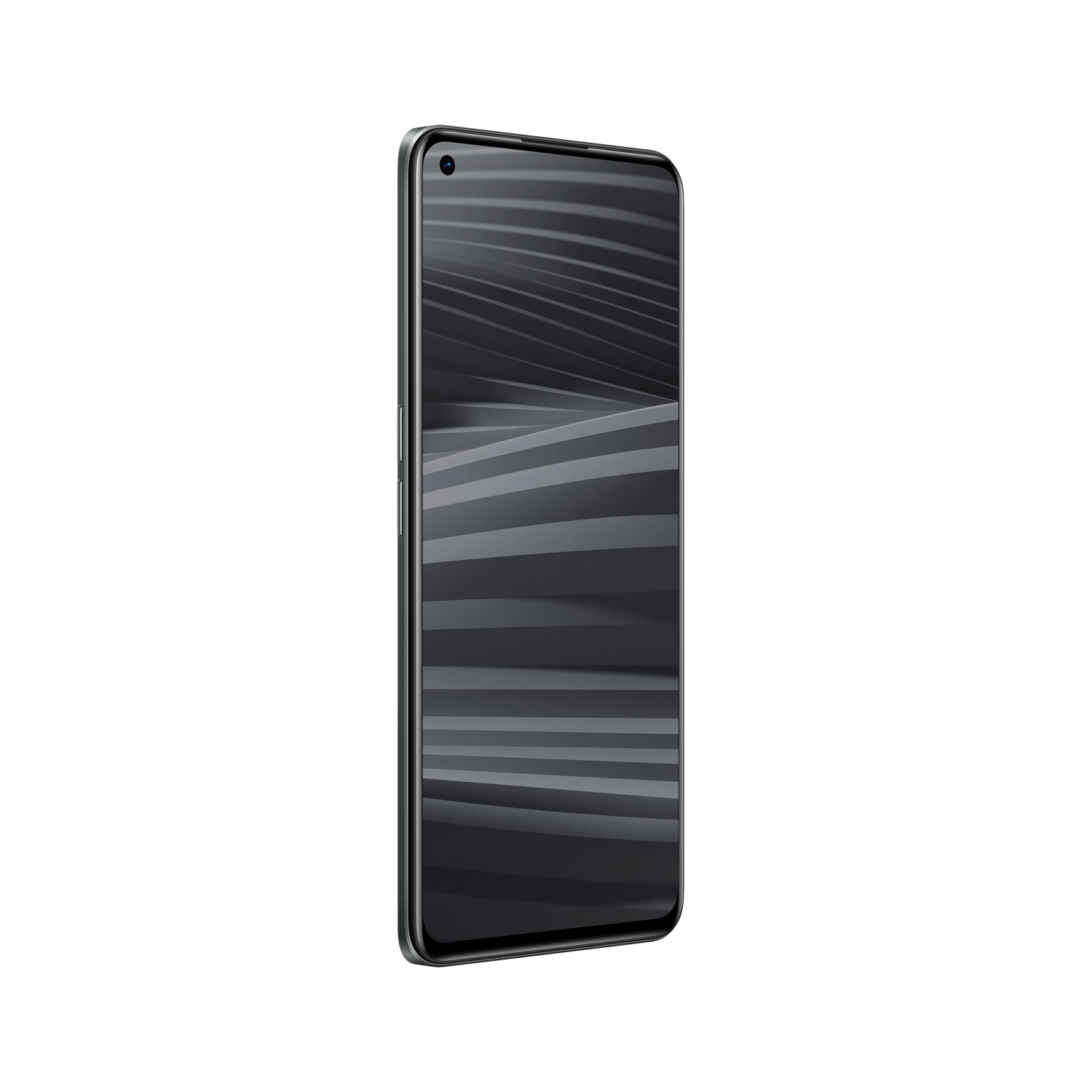 Un teléfono inteligente negro con una pantalla que muestra un diseño gris, sobre un fondo negro.