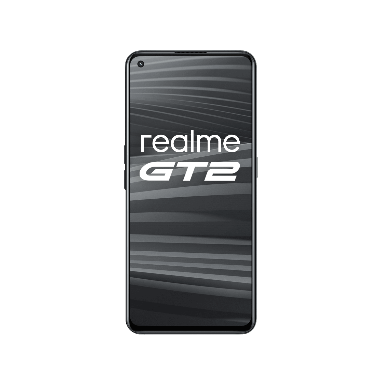 Pantalla del teléfono Realme GT2, negra con texto blanco sobre fondo gris.