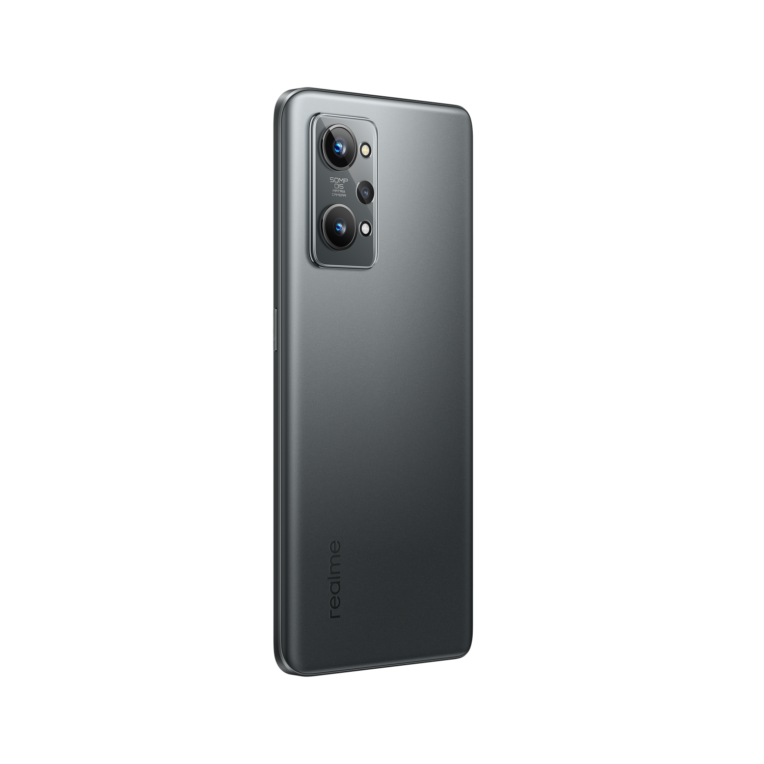 Teléfono Realme gris oscuro, vista trasera, con tres lentes de cámara y logo Realme.