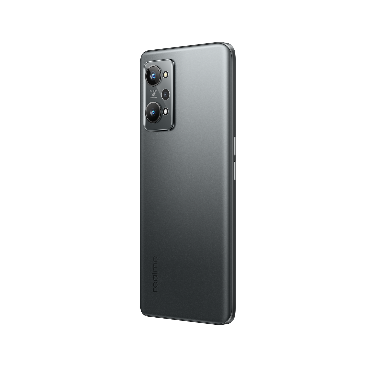 Parte trasera de teléfono gris oscuro con cámaras. El logotipo de Realme es visible.