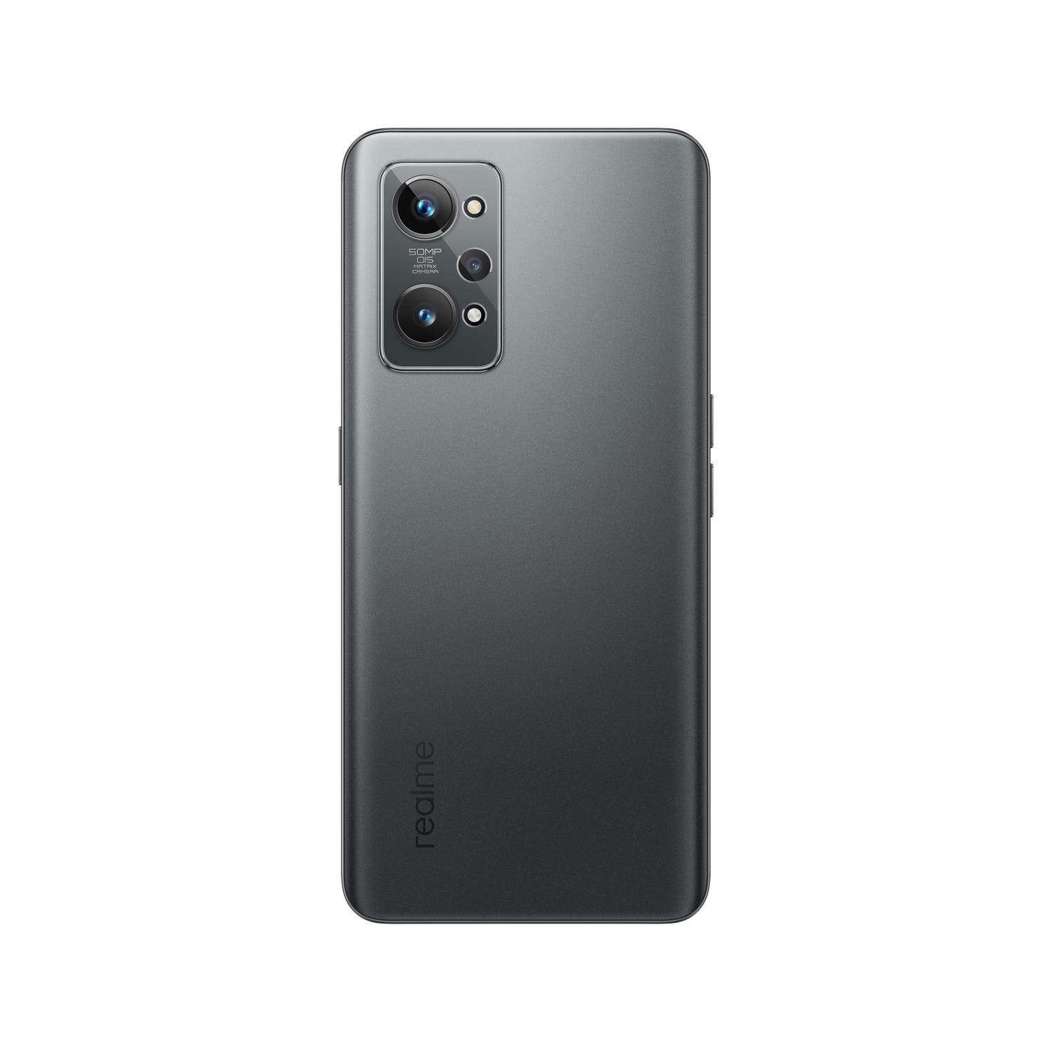 Parte trasera de un smartphone gris con tres cámaras y el logo de Realme. Fondo negro.