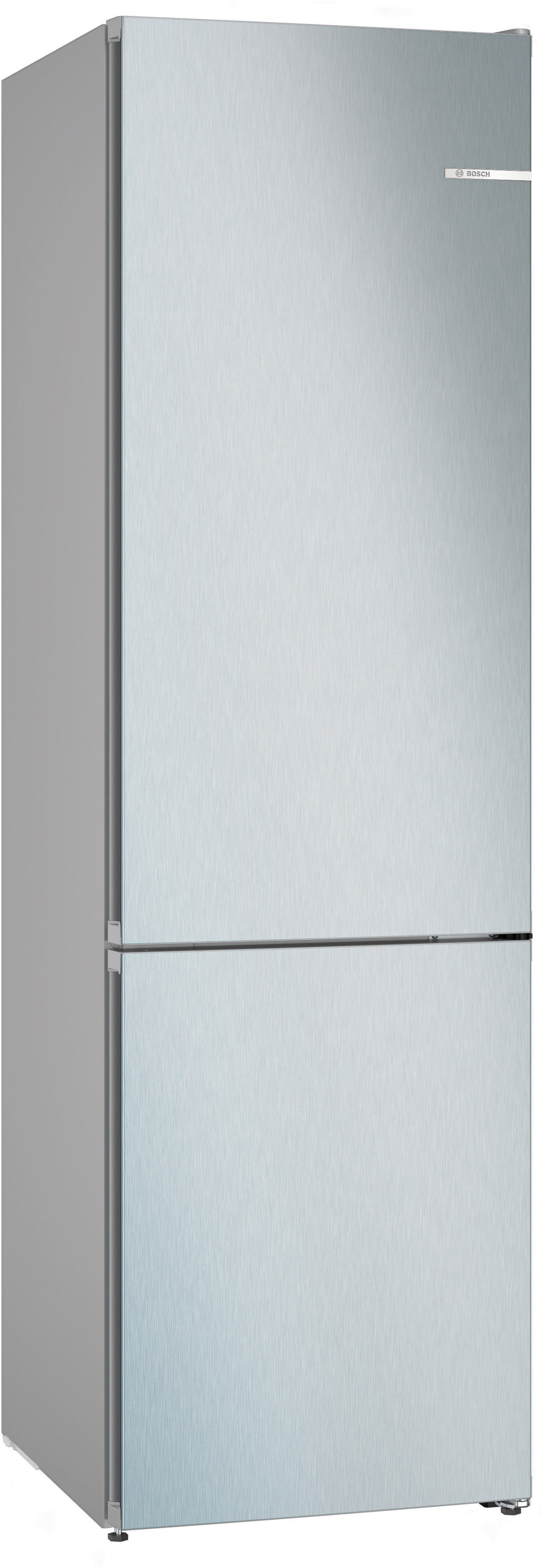 Edelstahl-Kühlschrank. Zwei Türen, Markenlogo oben rechts.