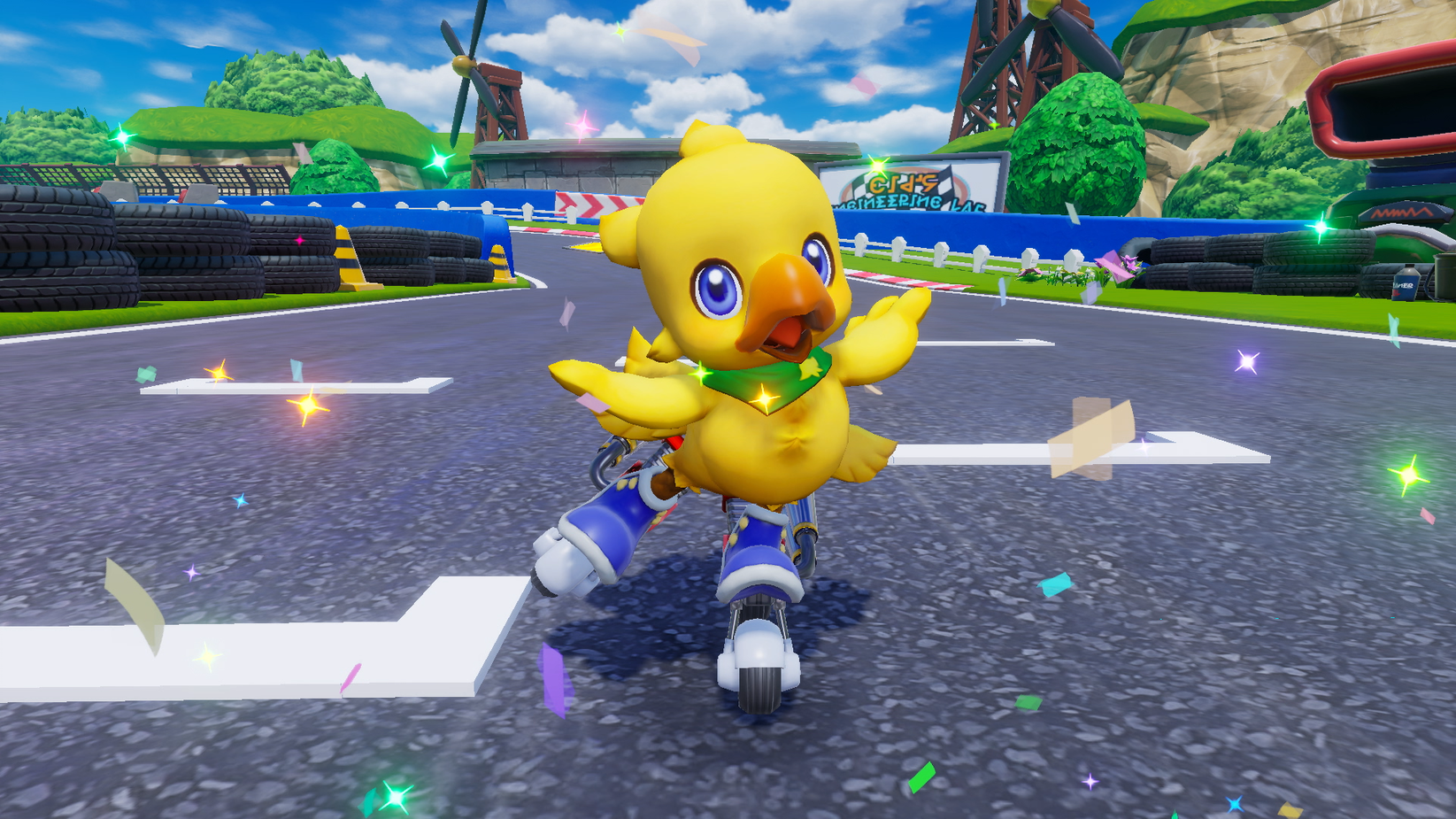 Een cartoon Chocobo-personage op rolschaatsen op een racebaan.