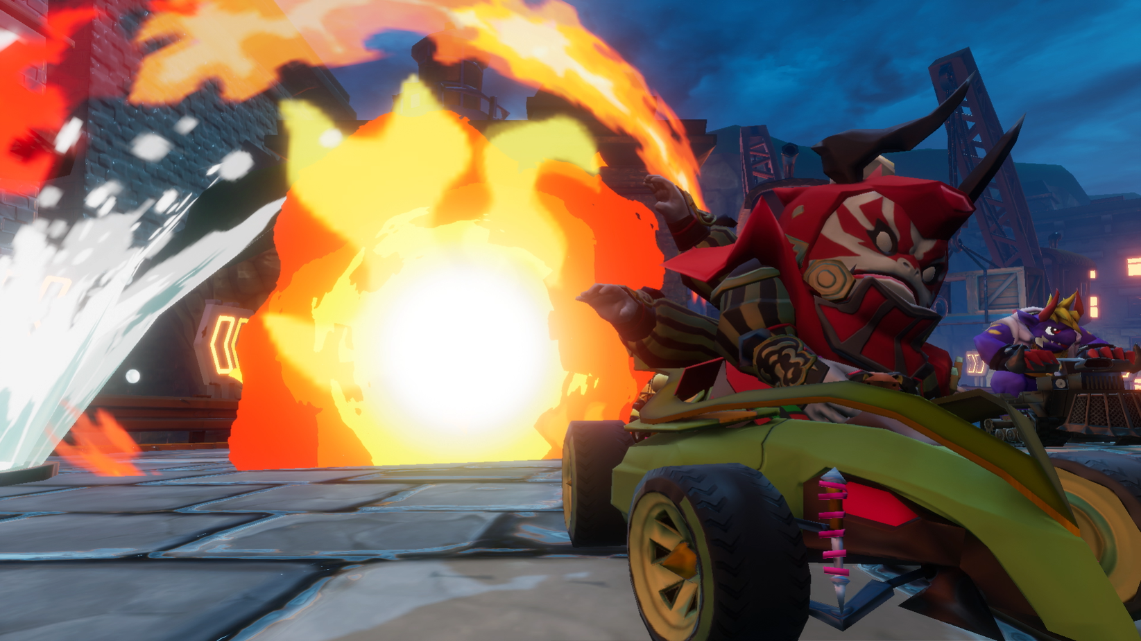 Een racegamescène met een kartwagen en een grote explosie op de achtergrond.