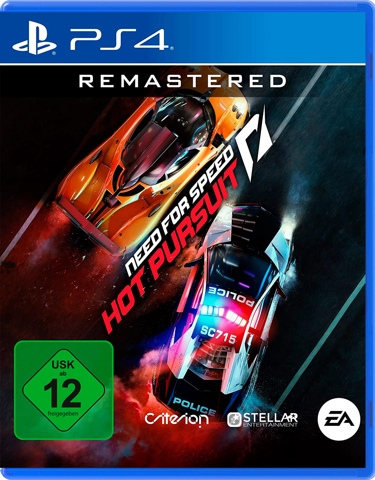 PS4-Spielhülle für 'Need for Speed: Hot Pursuit Remastered' mit orangefarbenen und blauen Autos.