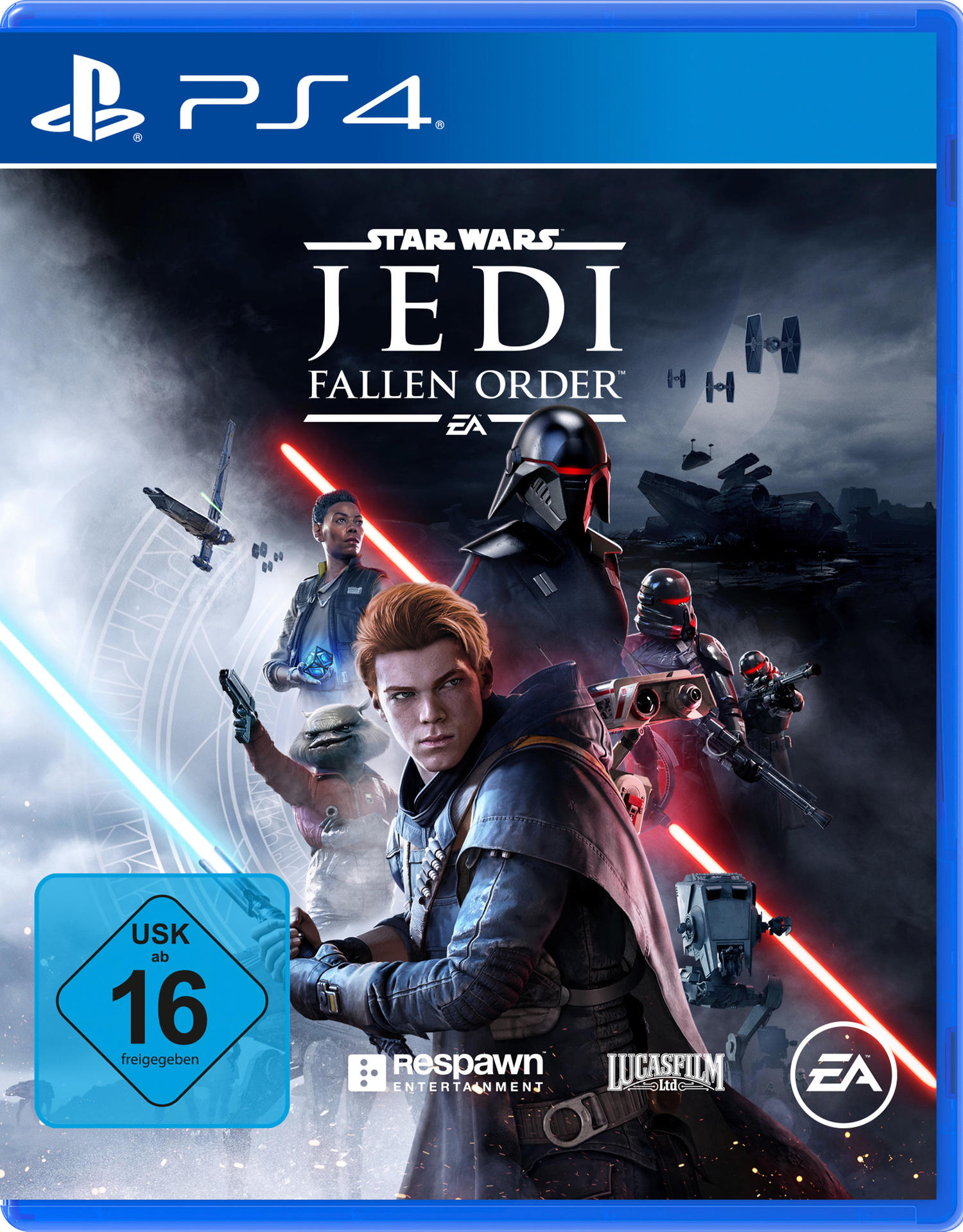 Star Wars Jedi: Fallen Order Spielcover. Charaktere und Raumschiffe auf blauem Hintergrund.
