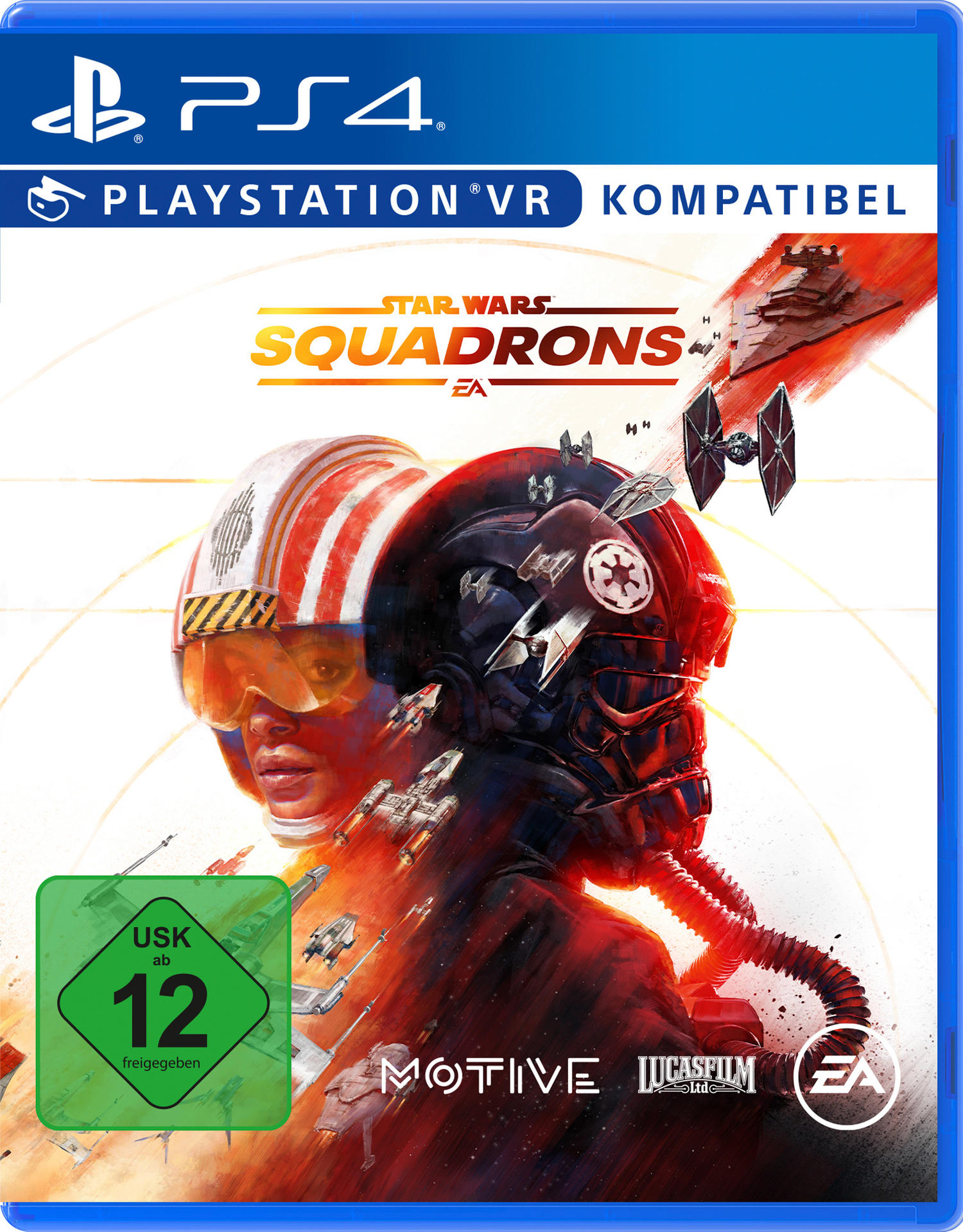 PS4-Spielcover für Star Wars: Squadrons, Kampfflugzeuge und Piloten sind sichtbar.