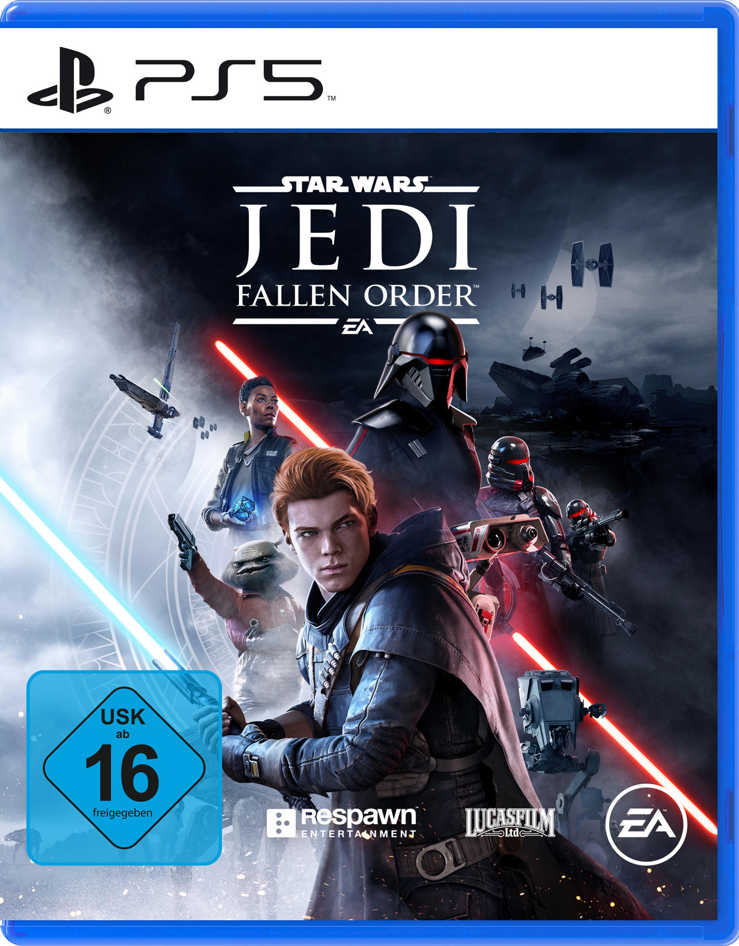 Spielcover für Star Wars Jedi: Fallen Order. Hauptfigur mit Lichtschwert. Charaktere der dunklen Seite im Hintergrund.