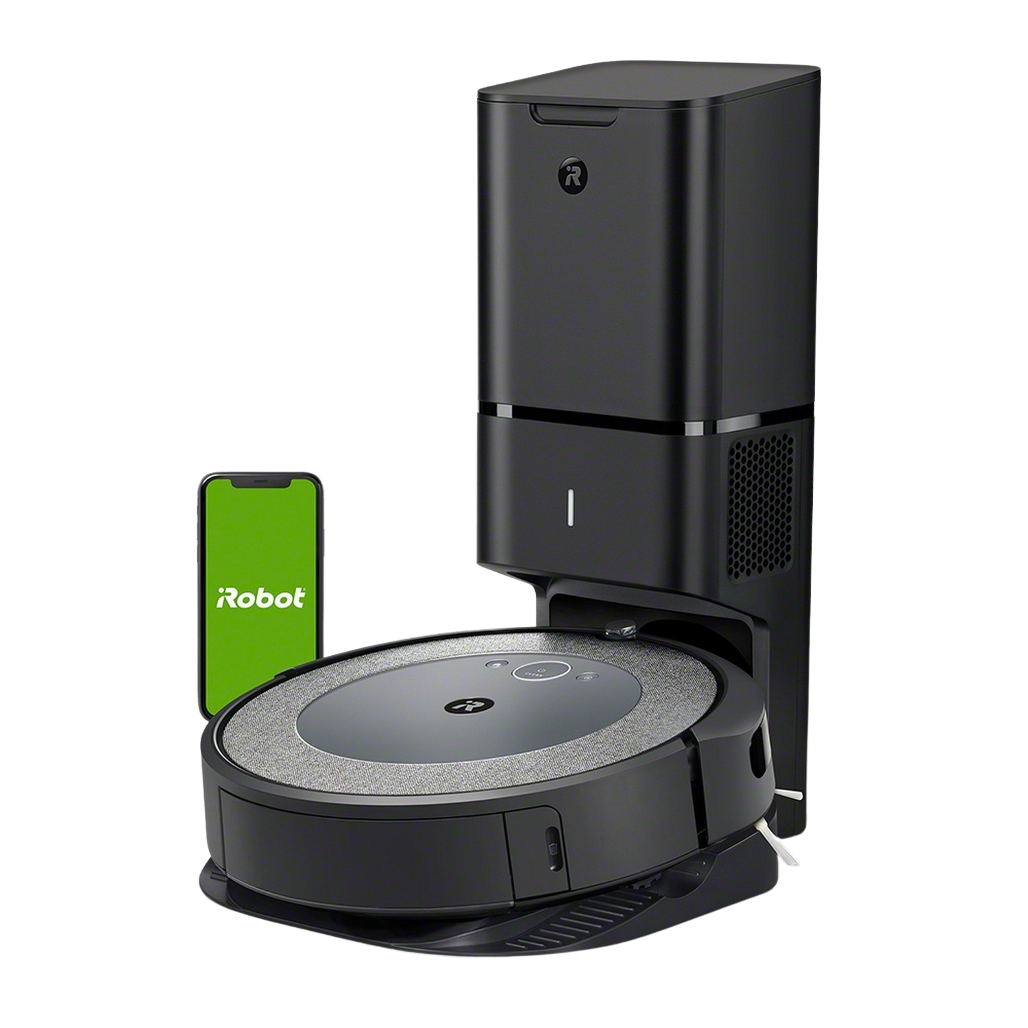 Una aspiradora iRobot Roomba negra y una estación de carga. Un teléfono con pantalla verde al lado.