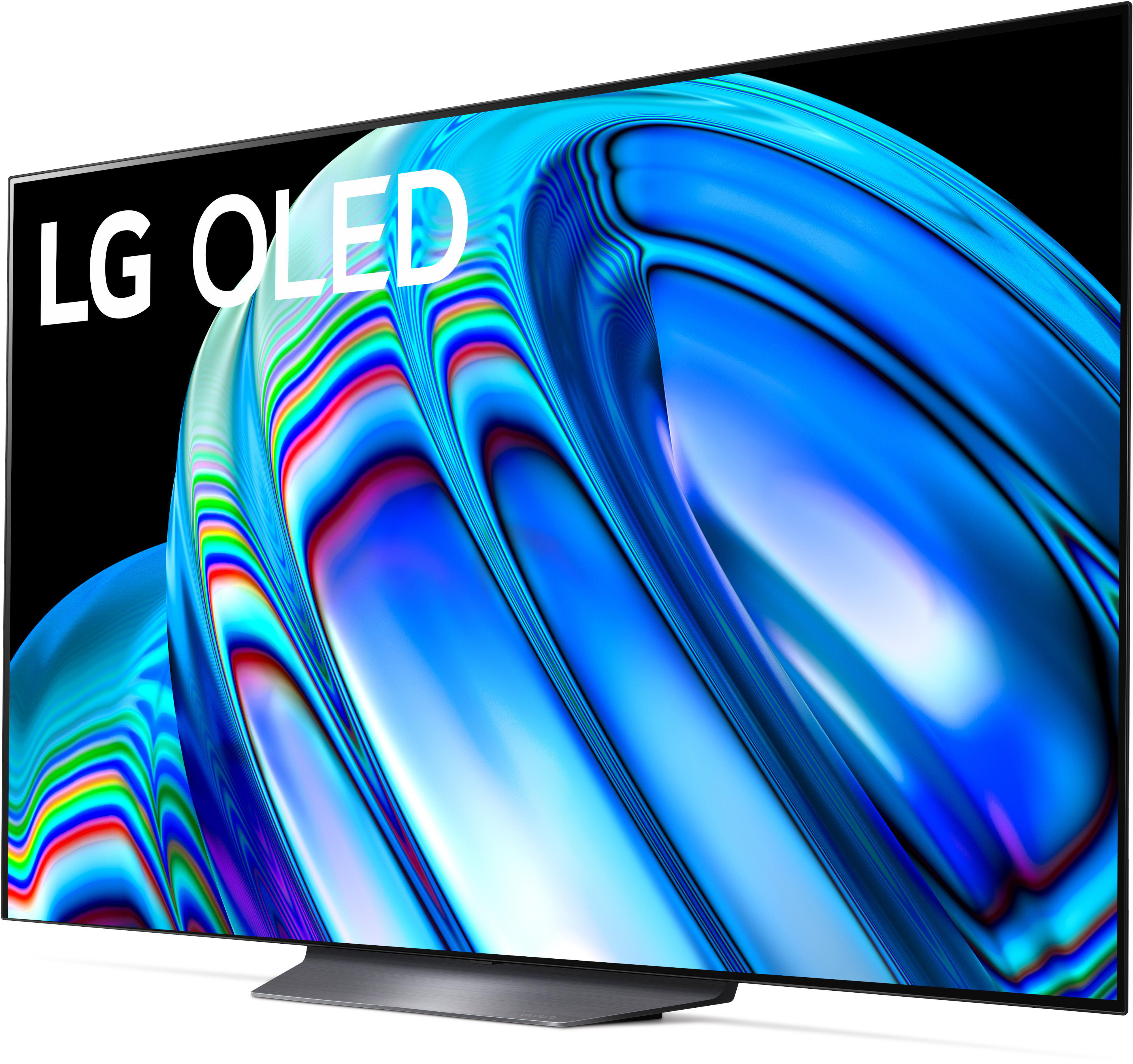 Ein großer LG OLED-Fernseher mit einem hellblauen und weißen Bildschirm.