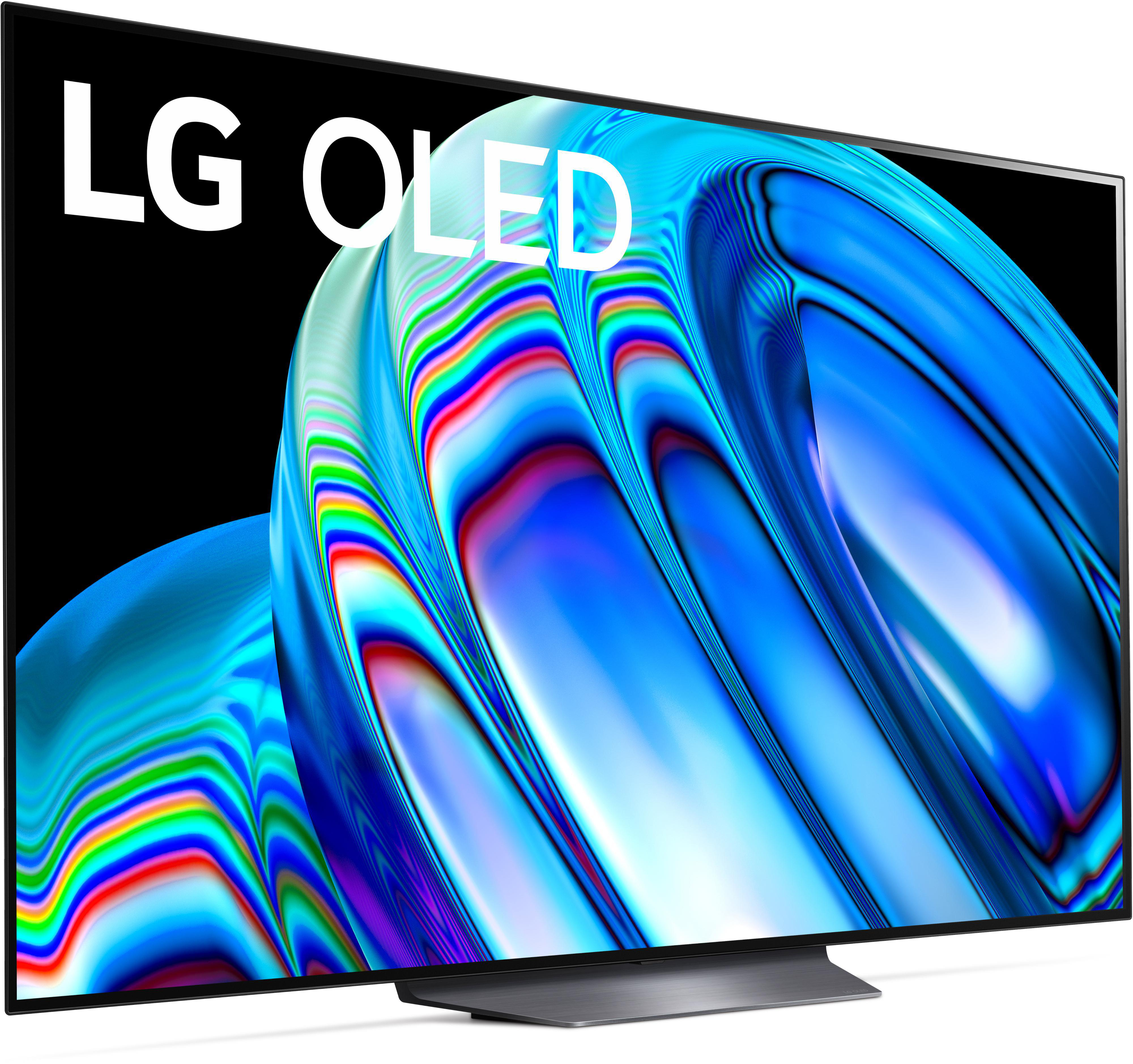 LG OLED-Fernseher mit blau-weißem Wellendesign auf dem Bildschirm.