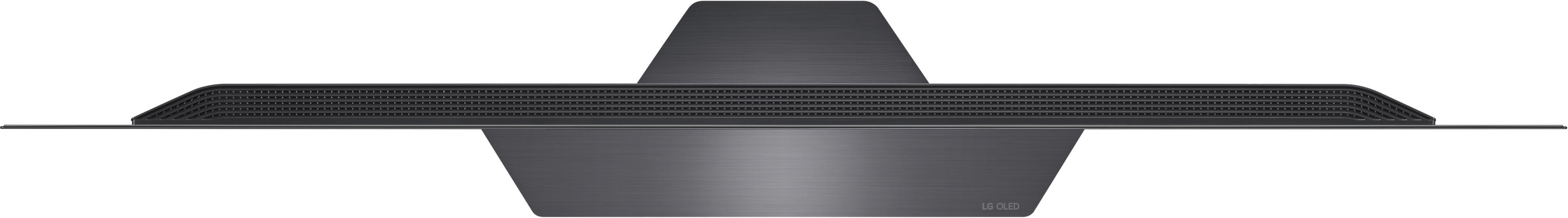 Ein schwarzer LG OLED-Fernseher, von hinten gesehen, mit einem schlanken Profil auf weißem Hintergrund.