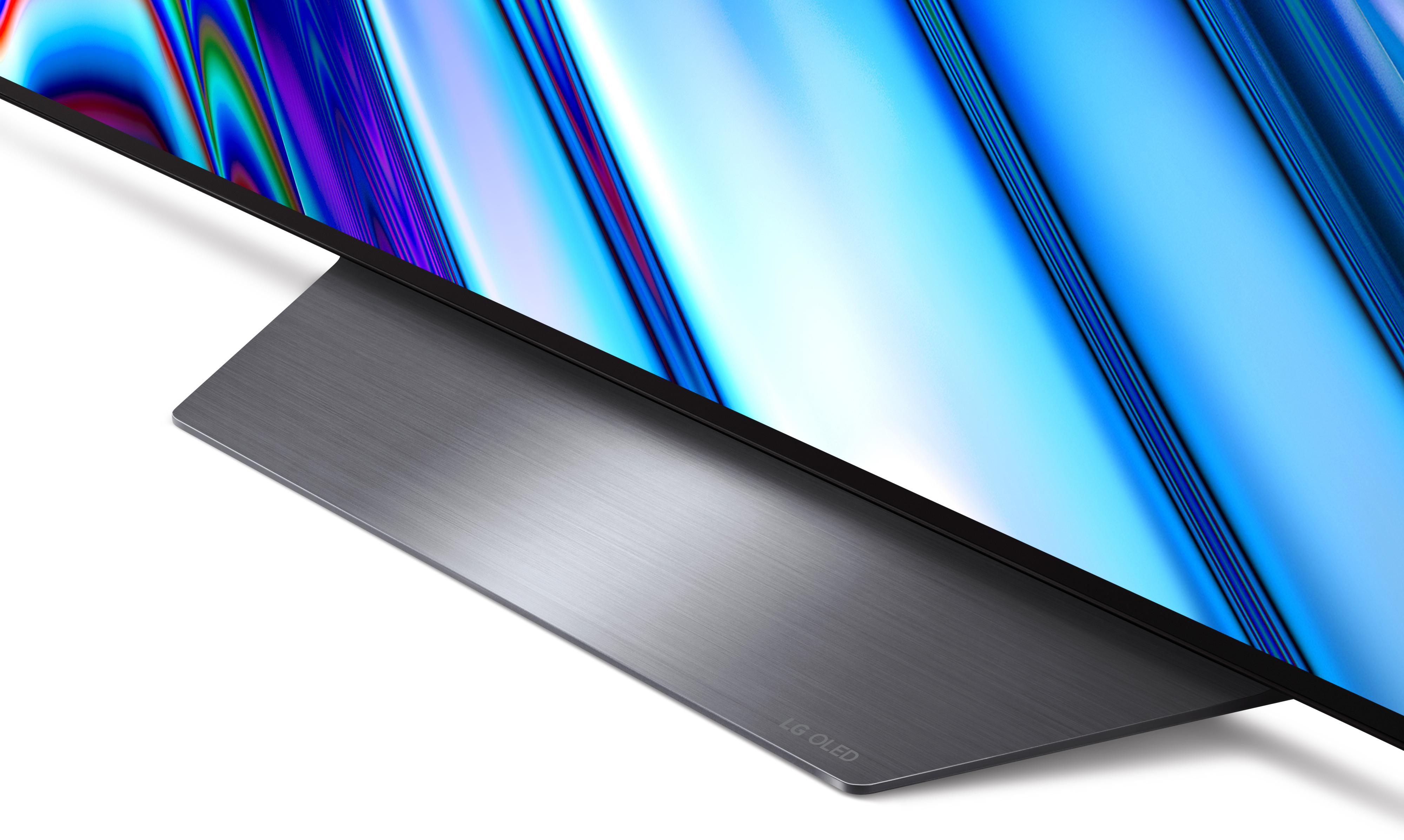 Ein TV-Ständer mit einem Fernseher obenauf, mit blauem Bildschirm.